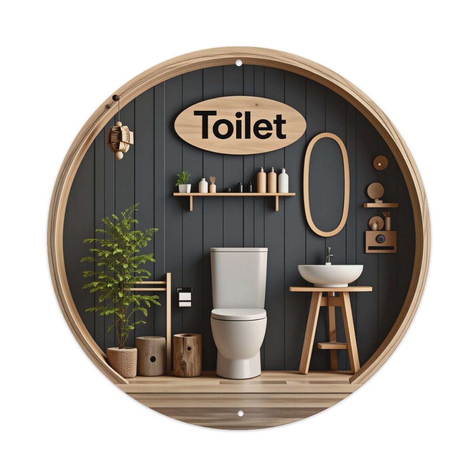 Wooden Style Black Wall Toilet Sink Plant_1 Round Tin Sign Vintage Metal Poster Retro Bar, Home, Man Cave, Kitchen, Laundry Room Wall Art Decor Gift 8x8In