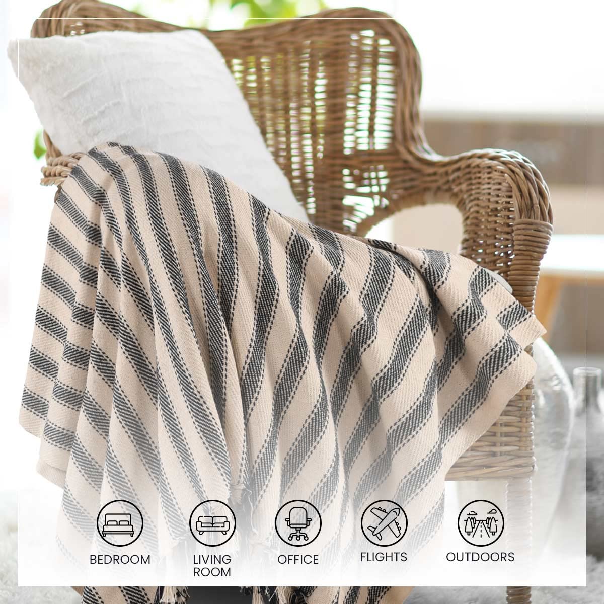 SASHAA WORLD Striped Throw Medium with Tasselled Edges |Throw for Living Room, Bedroom, Sofa & Chair |Bottle Green Throw Blanket | 180 x130 cm 3