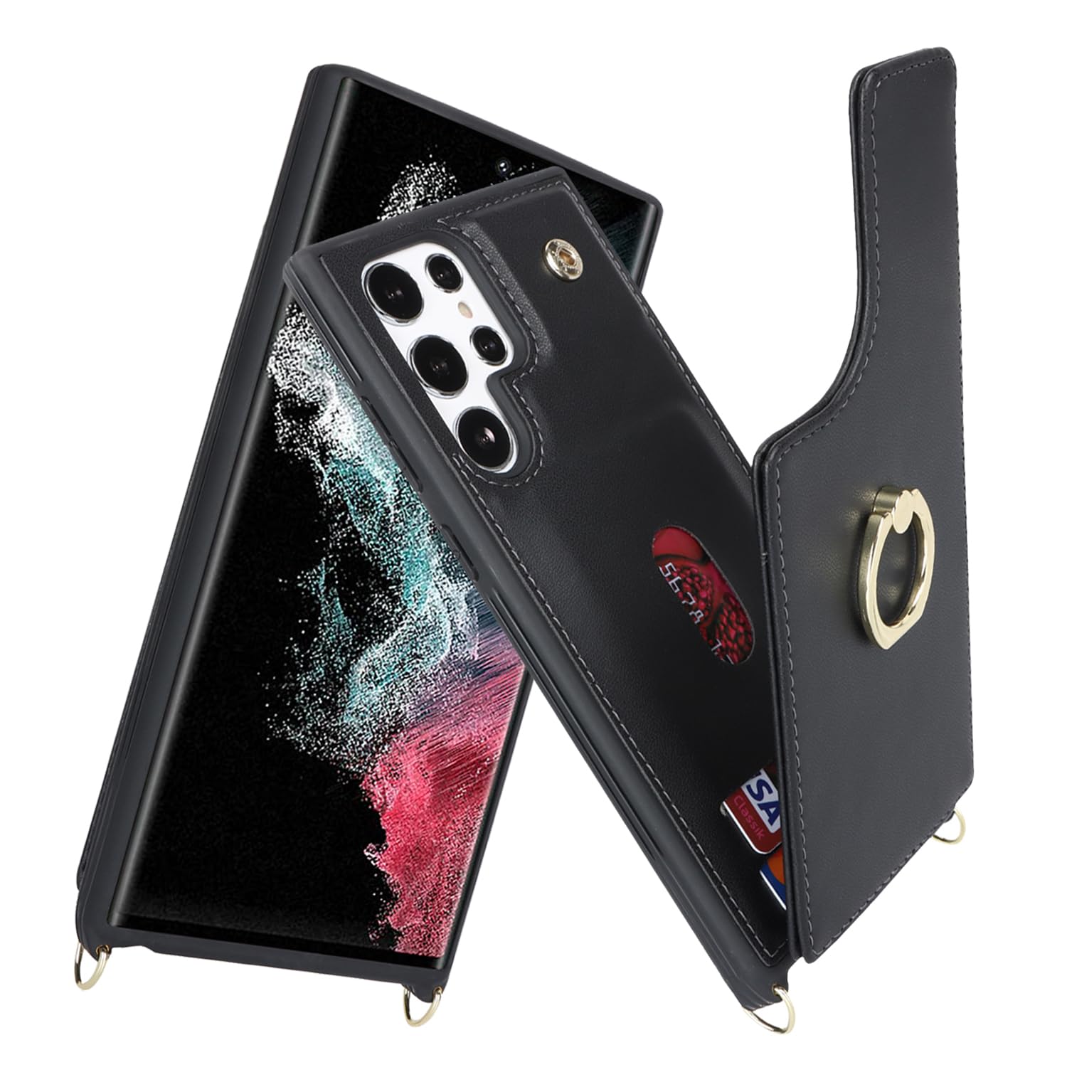 Lipvina for Samsung Galaxy S22 Ultra Case with Card Holder and Strap for Women,Crossbody Lanyard,Ring Stand,Snap Clasp,Phone Wallet Cases 6.8 inch(Black)