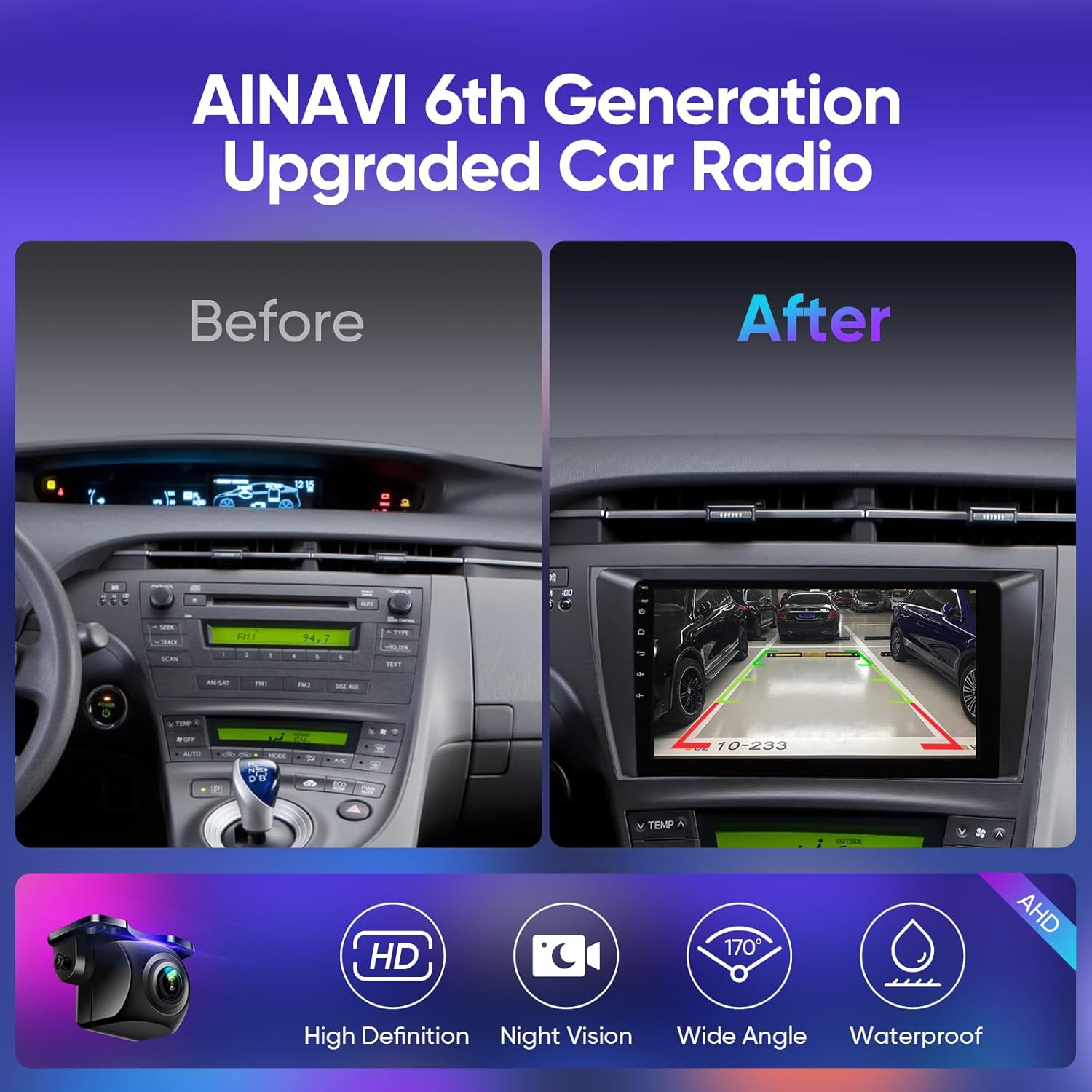 Before and after installation of the AINAVI car stereo in a Toyota Prius dashboard, showing the rearview tampilan kaméra.