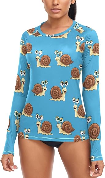 Cute Snails Cartoon Pattern Womens Rash Guard Long Sleeve Shirt UPF 50+ Sun Protection Swimsuit Swim Top