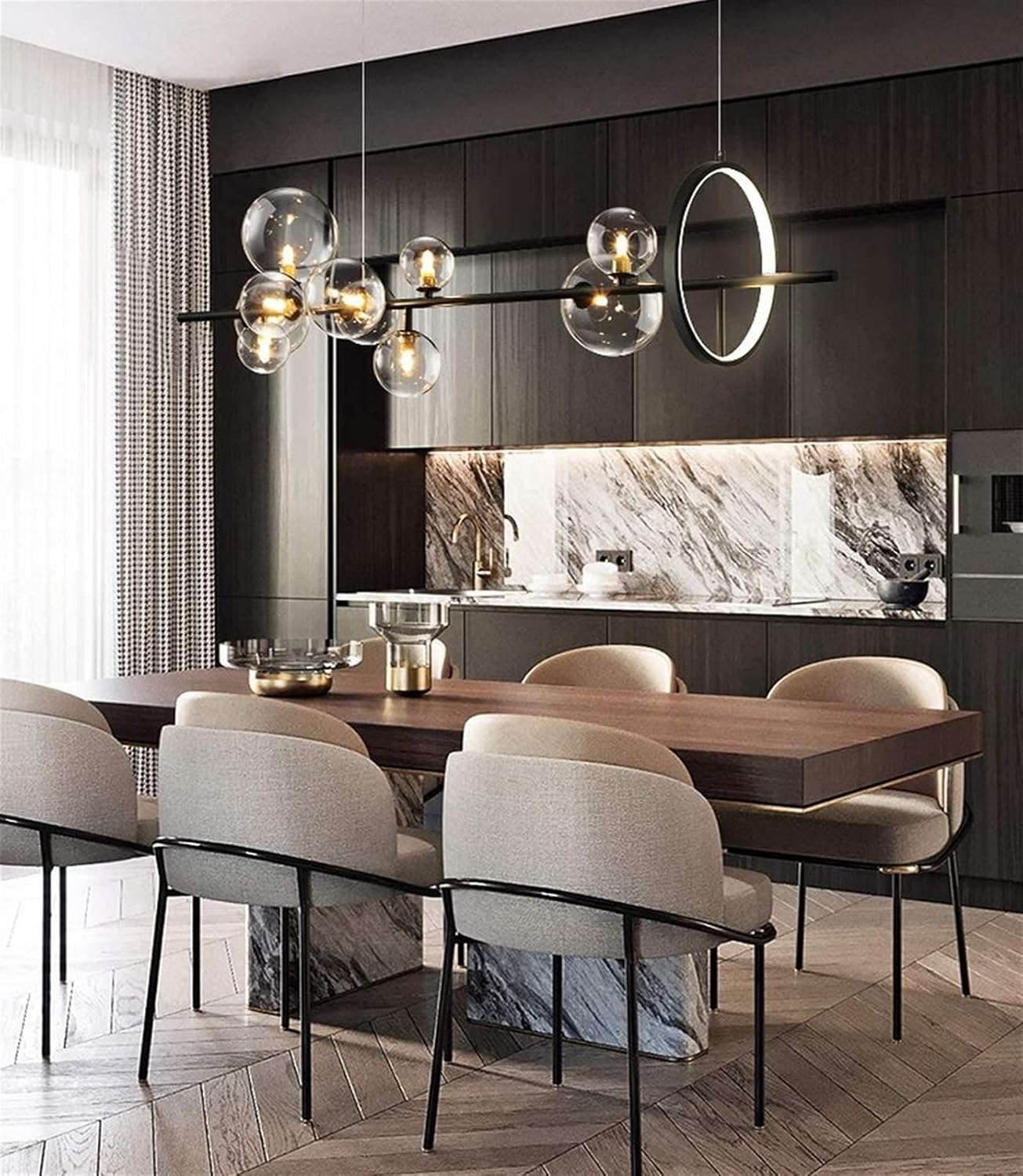 Modern Pendelleuchte Kugel, Nordisch Nachttisch Hängelampe Schlafzimmer Einfache Lange LED Sphärische Deckenlampe Gold Metall, Für Esszimmer, Wohnzimmer, Kücheninsel, Loft 2 Lichter