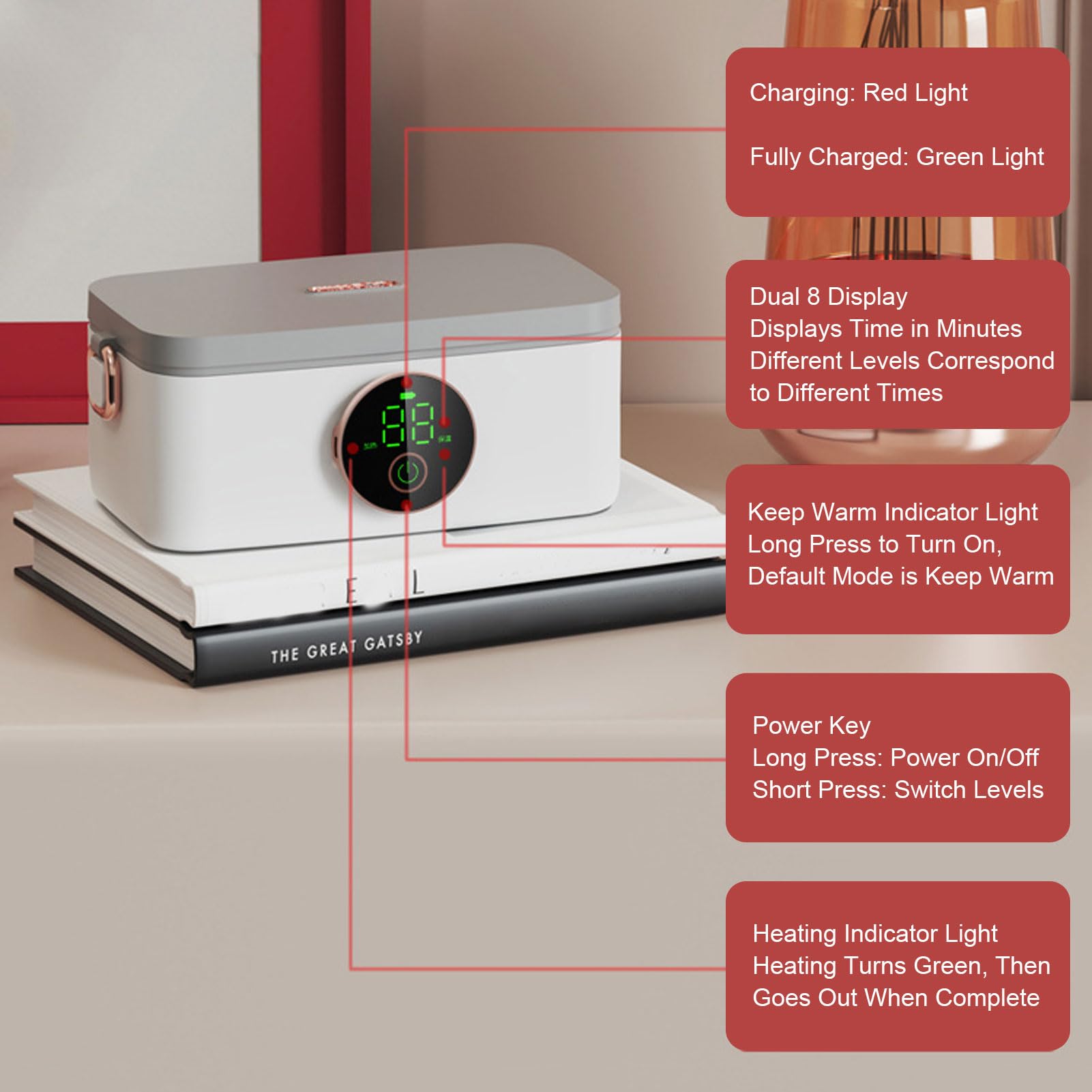 Zunate Lunch Box Elettrico Senza Fili, Contenitore Scalda Alimenti Ricaricabile USB 14000mAh Contenitore in Acciaio Inossidabile da 1000 Ml, 7 Livelli di Riscaldamento, per Studenti