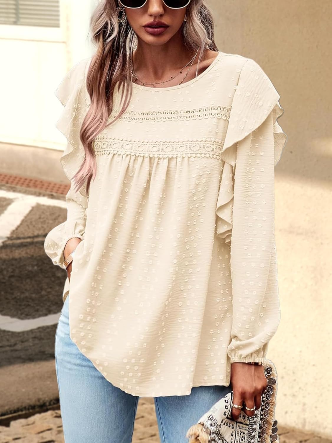 SKVON Womens Boho Tops Long Sleeve Ruffle Peasant Swiss Dot Flowy Blouses Tunic Dressy Casual Crochet Loose Fit Shirts 2025 - Image 4