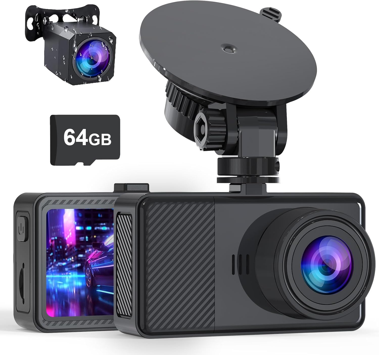 Dash Cam Front and Rear, 2.5K+1080P Dual Dash Camera for Cars, 2’’ Display Mini Car Camera, G-Sensor Dashcam, Night Vision, 24H Parking Mode, Loop Recording, 170°Wide Angle, 64GB Card Included