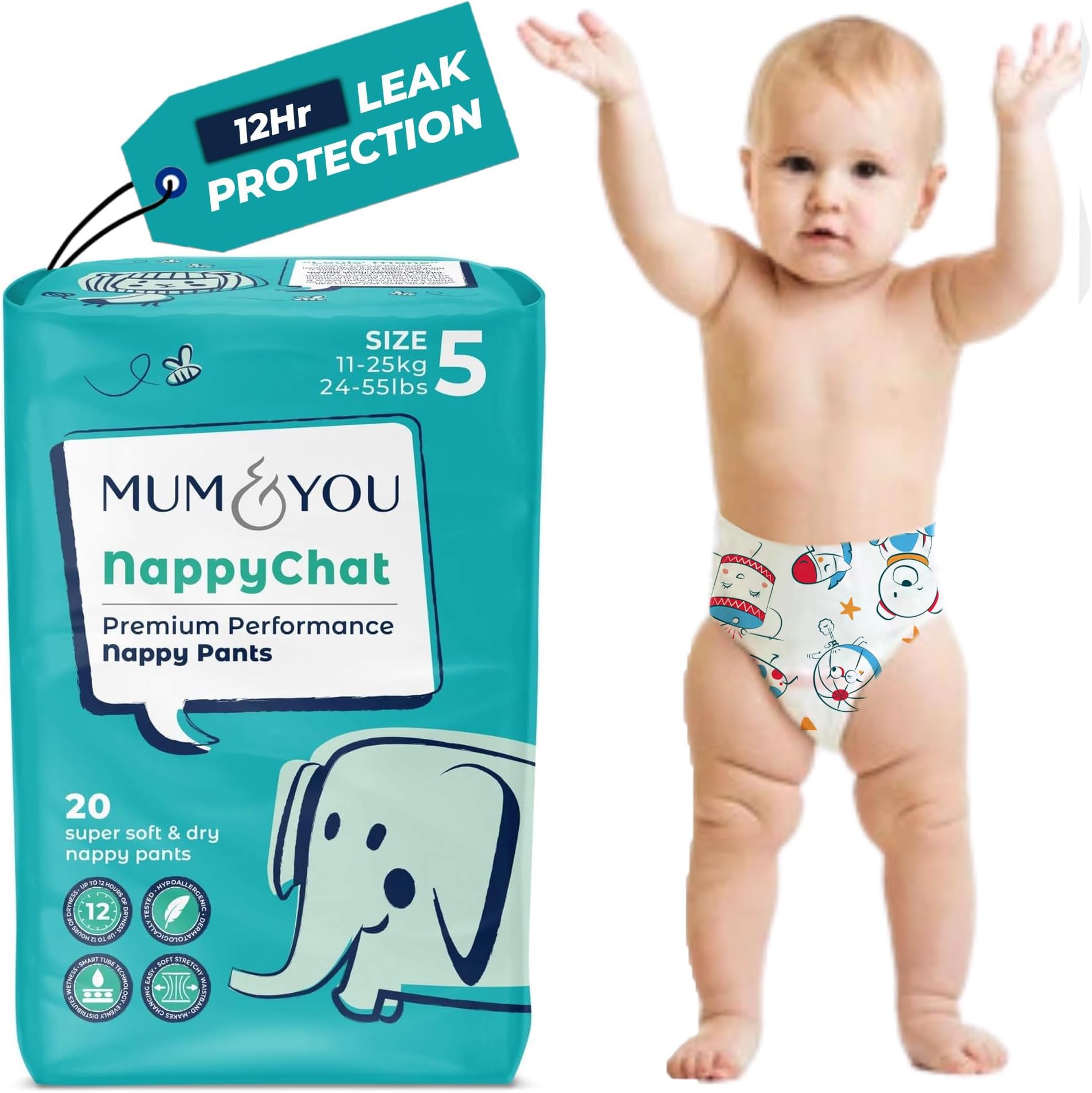 Mum & You Eco Friendly Baby Nappies- Premium Size 5 Nappy Pants (11-25 KG), 20 Count, Pull Up Training Pants. Day & Night Nappy | 12-Hr Leak Protection with Wetness Indicator & Rash-Free Baby Diaper