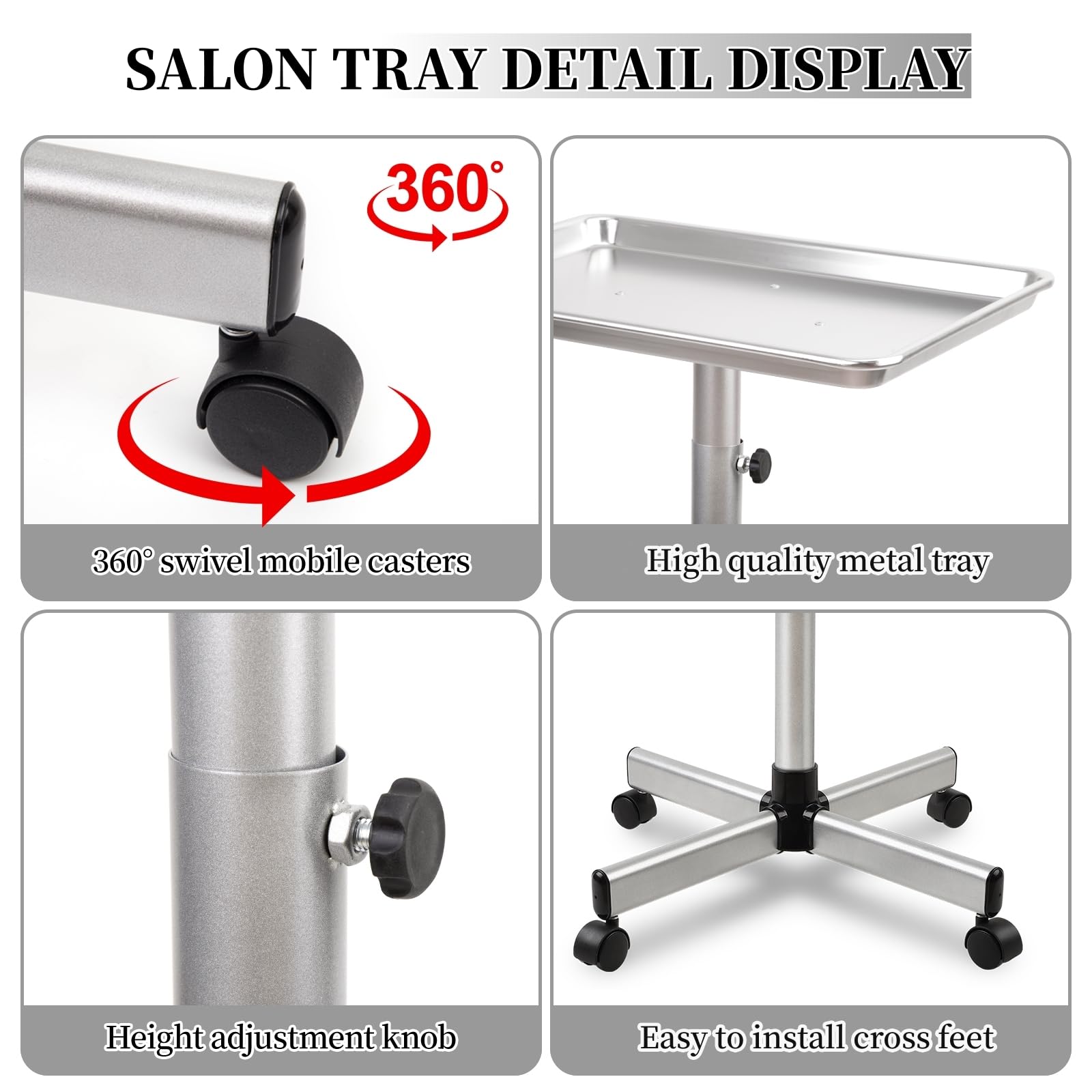 Bandeja de salón de belleza con altura ajustable, bandeja de salón con ruedas, ideal como bandeja de tatuaje, bandeja médica, bandeja dental
