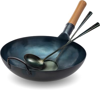 YOSUKATA Flat Bottom Wok Pan - 13.5" Blue Carbon Steel Wok + Pre-Seasoned Utensils Set - Blue Carbon Steel 17-inch Spatula, Wok Ladle, 3 pairs of Chopsticks