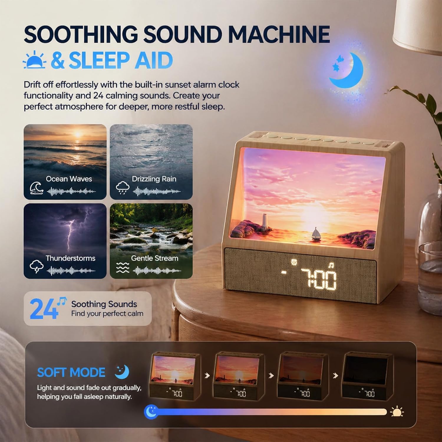 Reveil Simulateur D'aube avec Six Éclairages D'ambiance,Réveil Lumineux Comprend 12 Types De Bruit Blanc,Enceinte Bluetooth,Minuteur, Réveil Matin Veilleuse Pour Enfant/Ado/Adulte (Couleur bois)