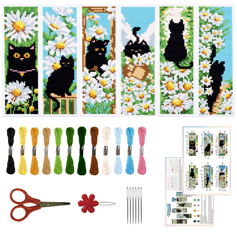 ORIGACH 6 Pcs Cross Stitch Bookmark Kit for Beginner Adults, Cat and Daisy Stamped Embroidery Bookmark Kit with Instruction for Starters Printed Cross Stitch DIY Kits for Book Lovers