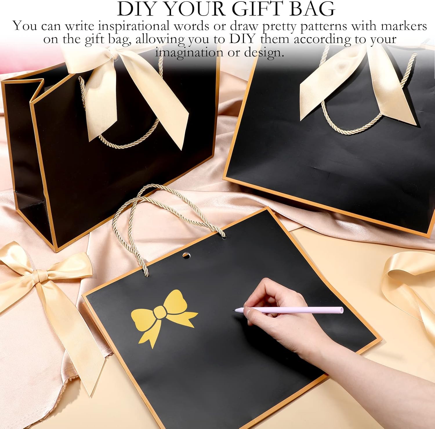 Silkfly Thank You Gift Bags with Handle 12x10x4'' Welcome Return Gifts Bag with Bow Ribbon for Wedding Bridesmaid Baby Shower Birthday Housewarming Employee Appreciation Day(Black,12 Pcs) - Image 3