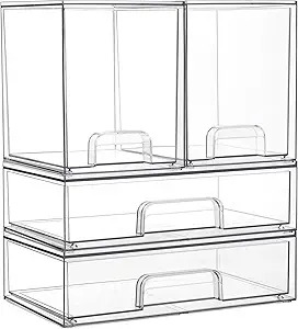 Vtopmart Clear Stackable Storage Drawers Set of 4, Plastic Organizer Bins for Makeup, Cosmetics, Beauty Supplies,Ideal for Vanity, Bathroom,Cabinet,Pantry Organization