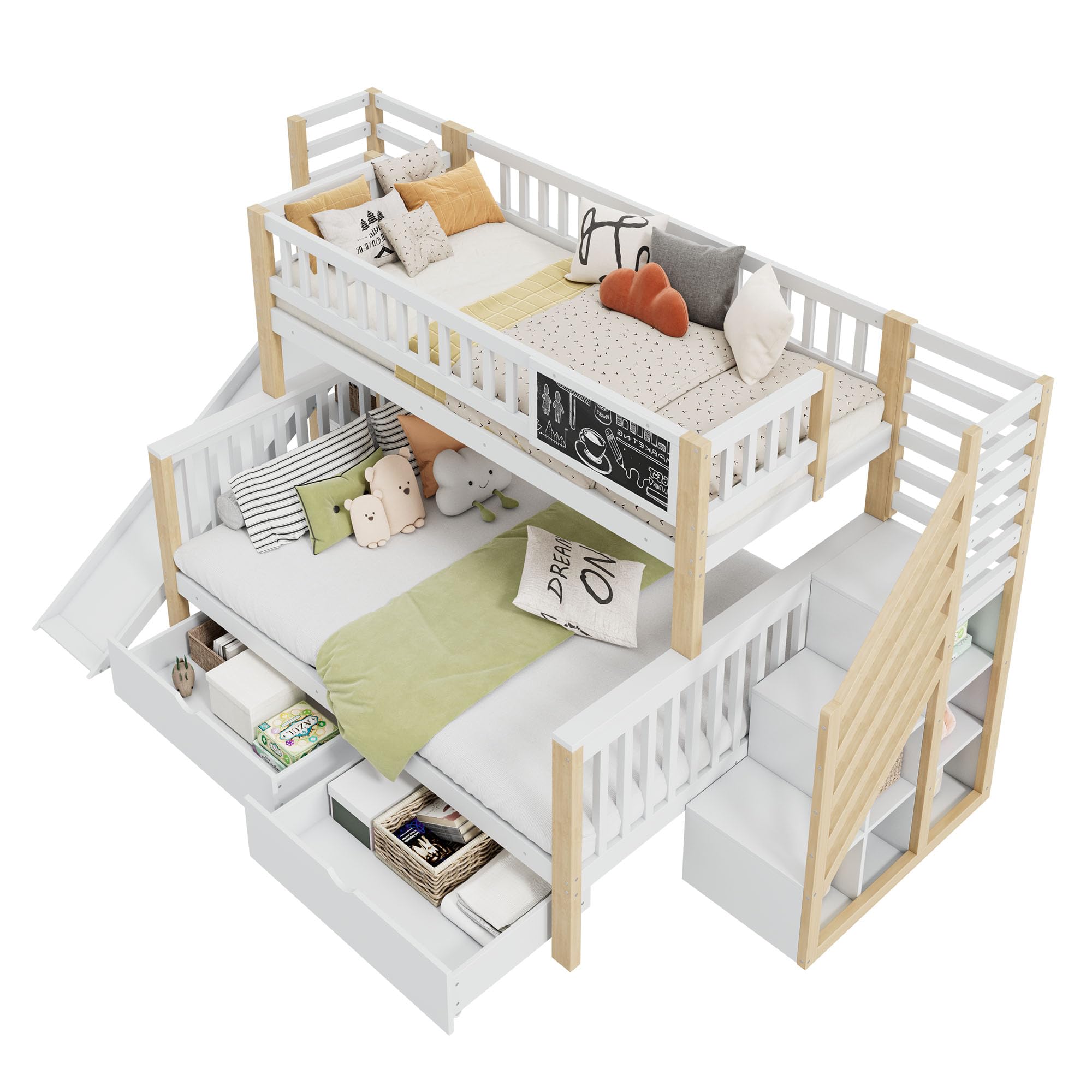 Azkoeesy Letto a Castello per Bambini con Scivolo, scala portaoggetti, 2 cassetti e lavagnetta, design modulare, parapetto sicurezza e doghe, struttura in pino, bianco e naturale, 140x200+90x200 cm