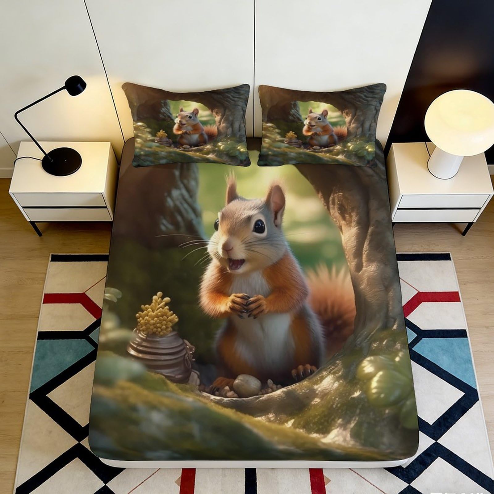 3D Printed Cute Squirrel Fitted Sheet Microfiber Soft Breathable Forest Animal Bed Cover for Bedroom Dorm Dormitory Guest Room Mattress Protection 160x200x25cm