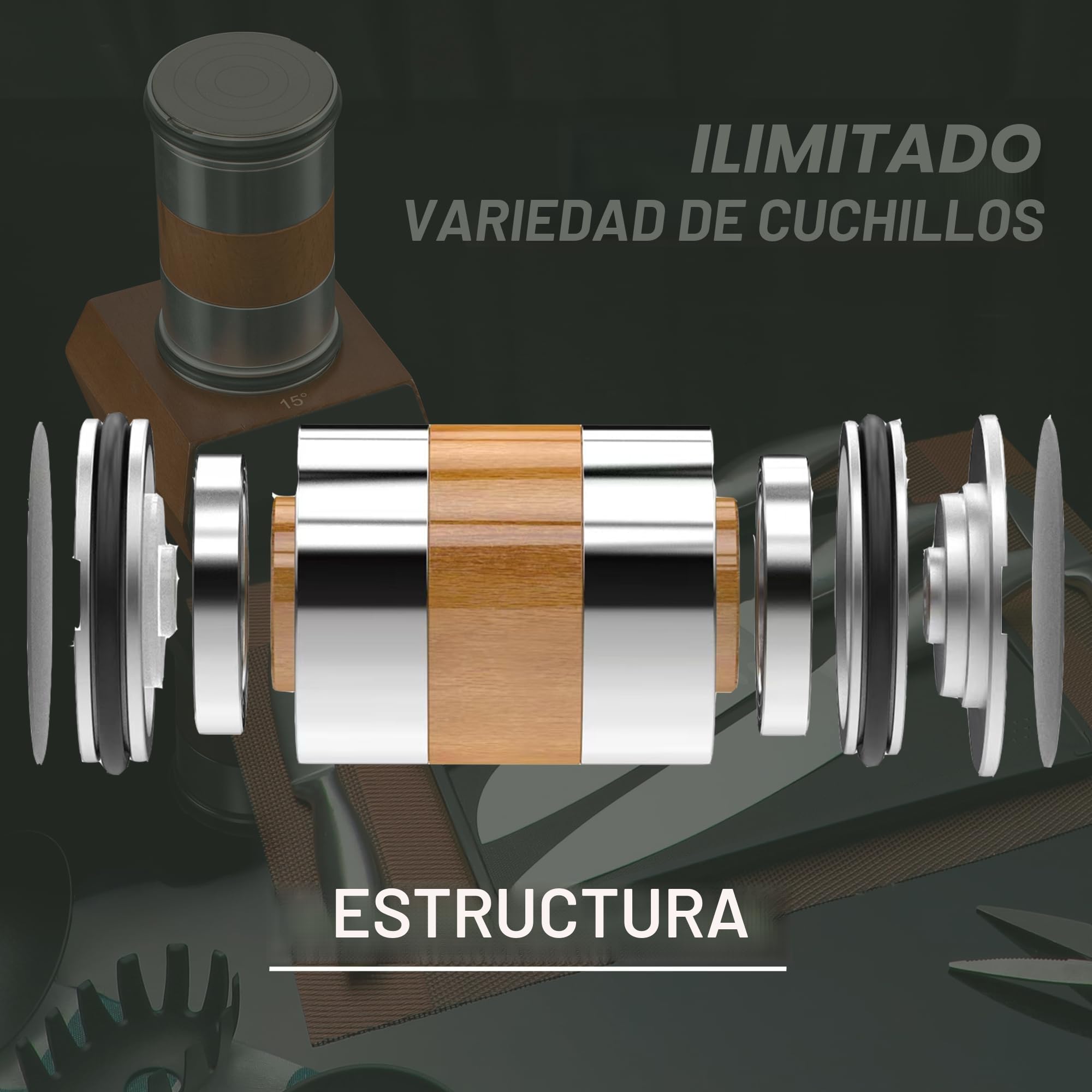Pietuley Afilador de Cuchillos Profesional Con Ruedas, Dos Ángulos de Afilado 15° y 20°, Rolling Knife Sharpener, Afiador Facas