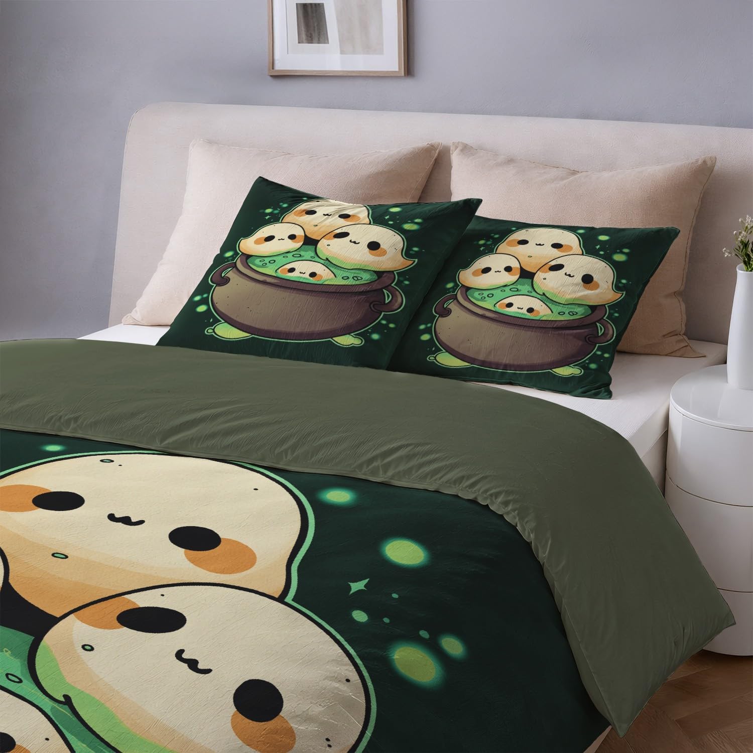 Générique Poszwa na kołdrę zielona beżowa dekoracja wnętrz 220 x 240 cm Cartoon mikrofibra zestaw pościeli uroczy tygiel duch dwustronna poszwa na kołdrę z zamkiem błyskawicznym
