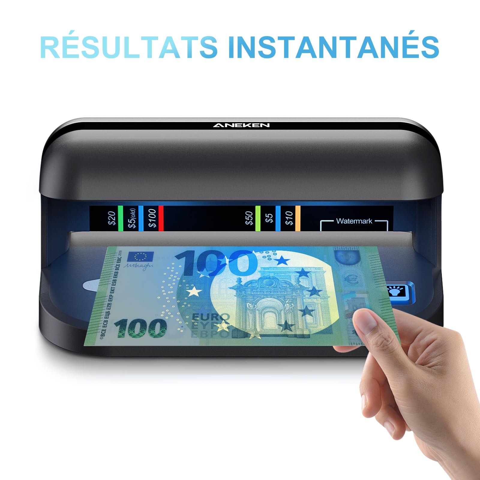 Aneken AL-17 Détecteur de faux billets avec lumière LED UV et lampe filigrane, detecteur de faux billets euros avec batterie intégrée, cartes et détection de carte d’identité, pour toutes les devises