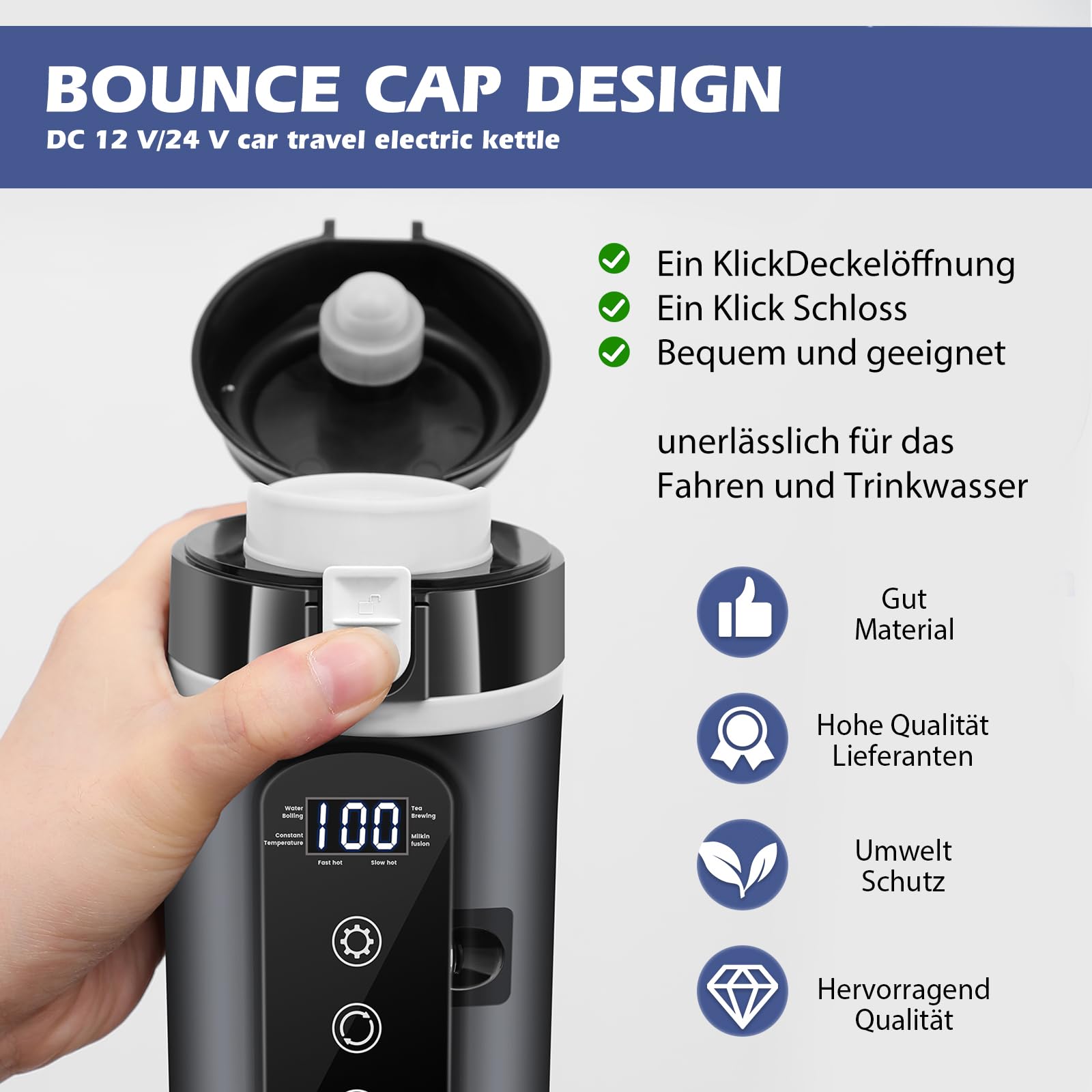 Bouilloire Voiture Bouilloire de Voyage 500ML Bouilloire Voiture Portable 12V 24V Bouilloire Electrique avec Contrôle de la Température et Écran LCD pour Camion Camping Voyage pour Thé Café Bébé Lait