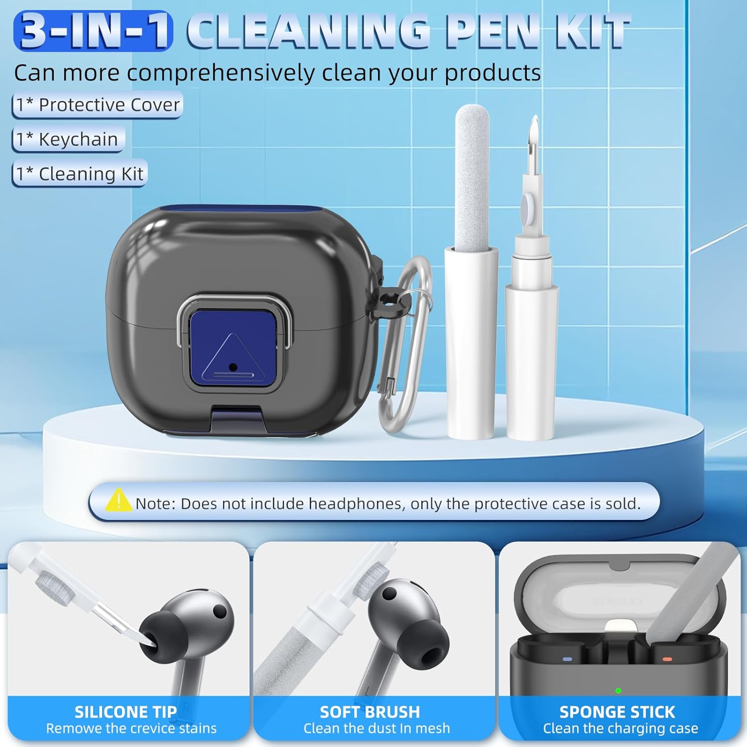 Secure Lock Case for Galaxy Buds 3 Pro (2024) / Galaxy Buds 3 FE (2025) | Phone Stand Design | Soft TPU | Shockproof Protective Cover for Samsung Buds 3 Earbuds w/Cleaning Pen & Keychain (Black) - Image 8