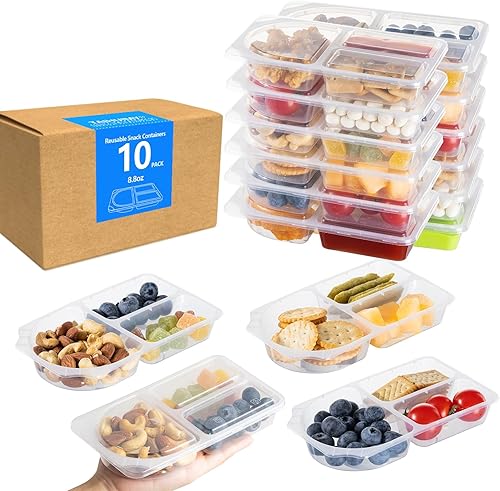 9oz Reusable Snack Containers with Lids for Kid, New Three Compartment Condiment Condiment Snack Pack Containers for School lunch, Travel, Party