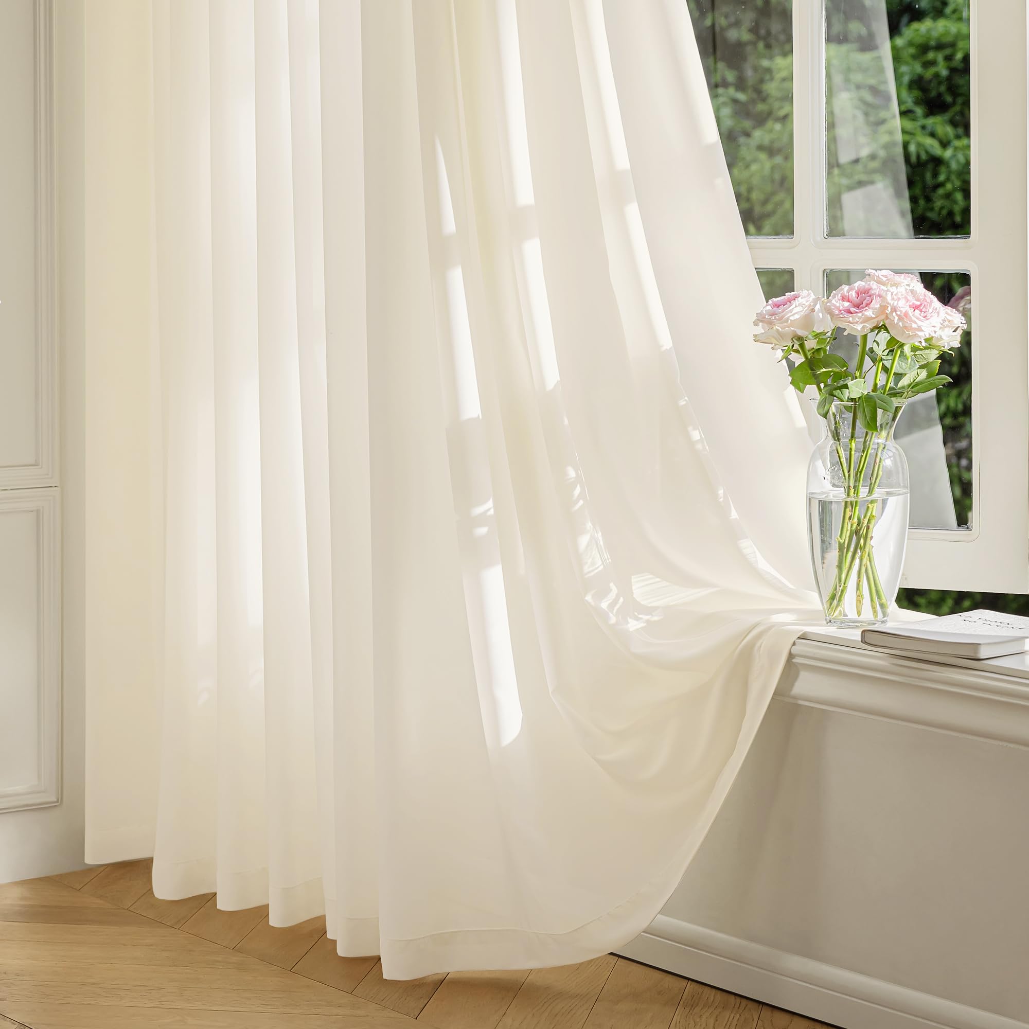 Sheer Non-See-Through Butter Cream Curtains for Bedroom, Faux Silk That Let Light Curtains 96 inches Long Light Filtering Privacy Sheer Window Drapes for Living Room, Rod Pocket 2 Panels Set