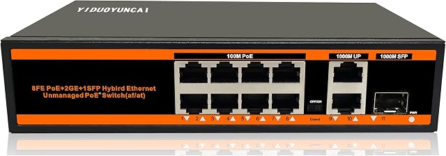 YIDUOYUNCAI 11 Port PoE Switch with 8 PoE+ Port 100M, 2 Gigabit Uplink Ports, 1 SFP Port, 150W, Metal Fanless, VLAN, Unmanaged Plug and Play Ethernet Network Switch