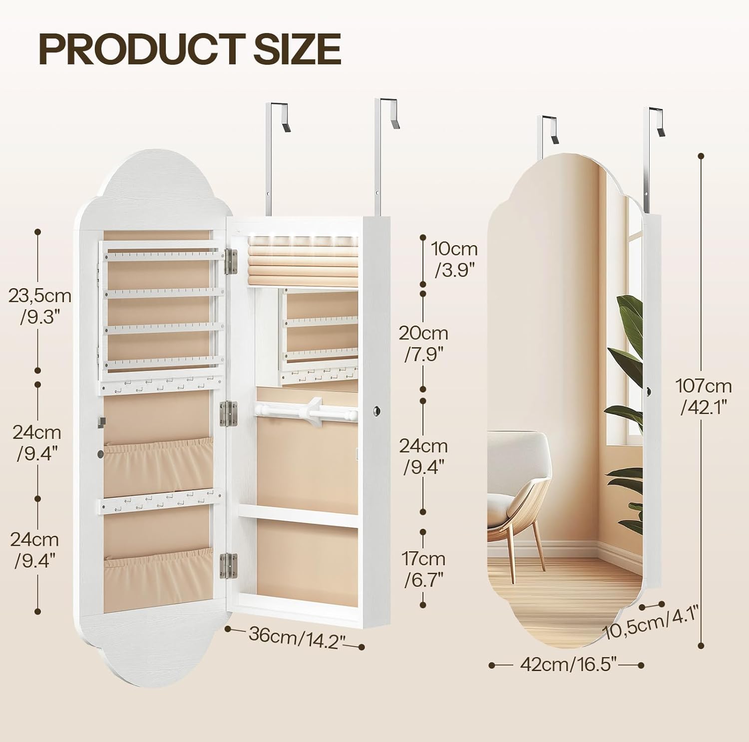 HOOBRO Wide Jewelry Cabinet, LED Jewelry Organizer Wall/Door Mounted, Hanging Jewelry Cabinet Mirror with Storage, Lockable, Interior Mirror, 4.1 x 16.5 x 42.5 Inches, Christmas Gifts, White