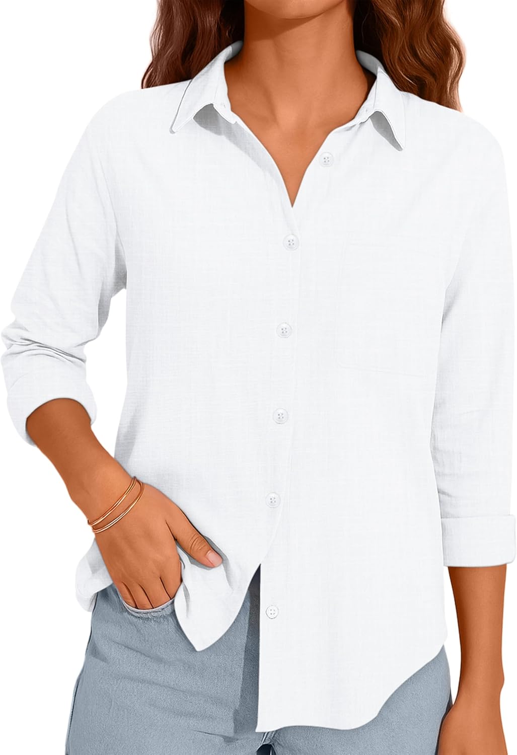 Diosun Womens Button Down Shirts Long Sleeve Cotton Stylish Gauze Tops Casual Loose Fit Blouses with Pocket - Image 2