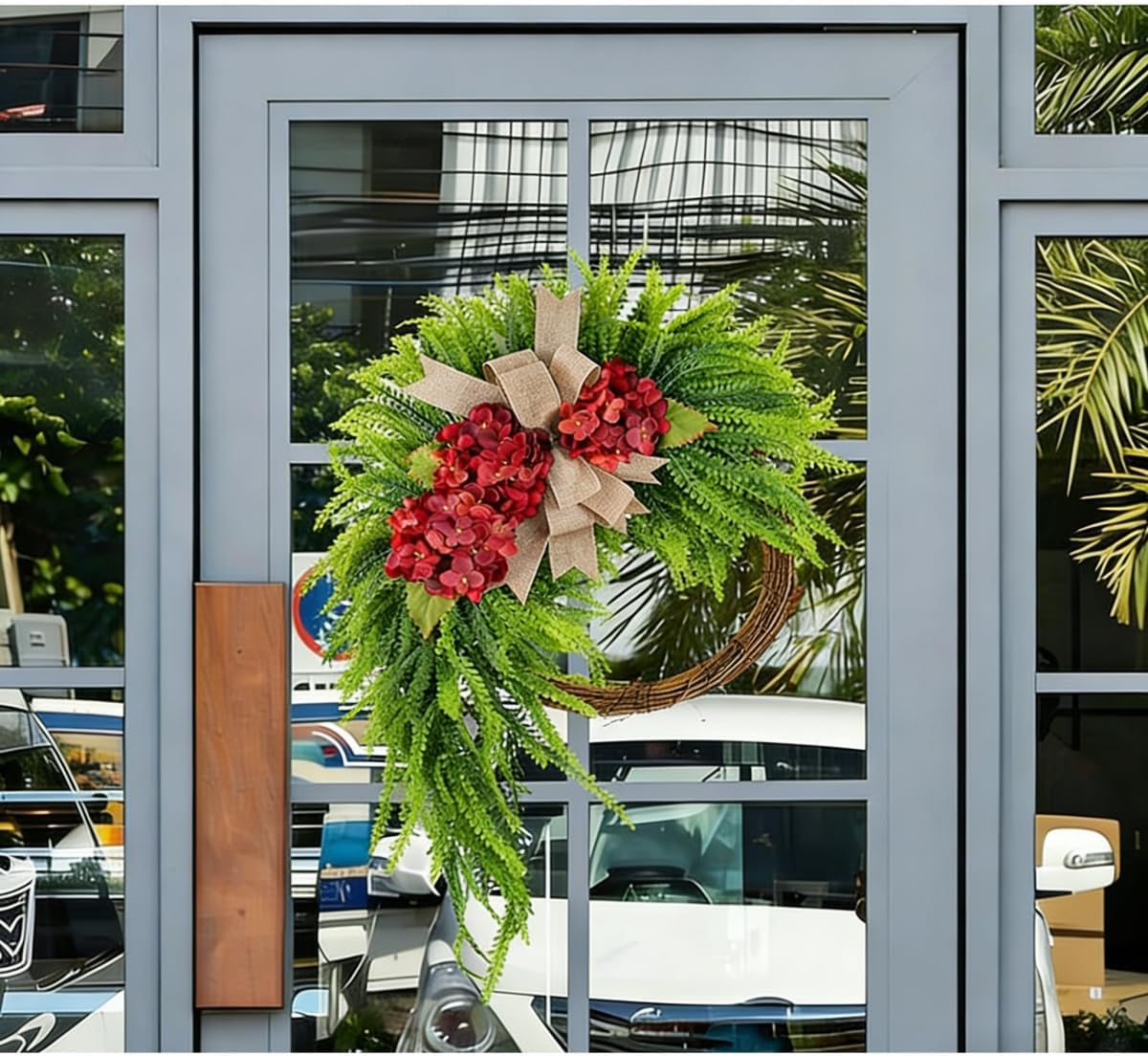 Spring Wreath for Front Door, Farmhouse Summer Wreath with Greenery Cream Flowers and Linen Bow, Asymmetrical Floral Wreath for Porch Entryway Wall Decor (#4PCS)