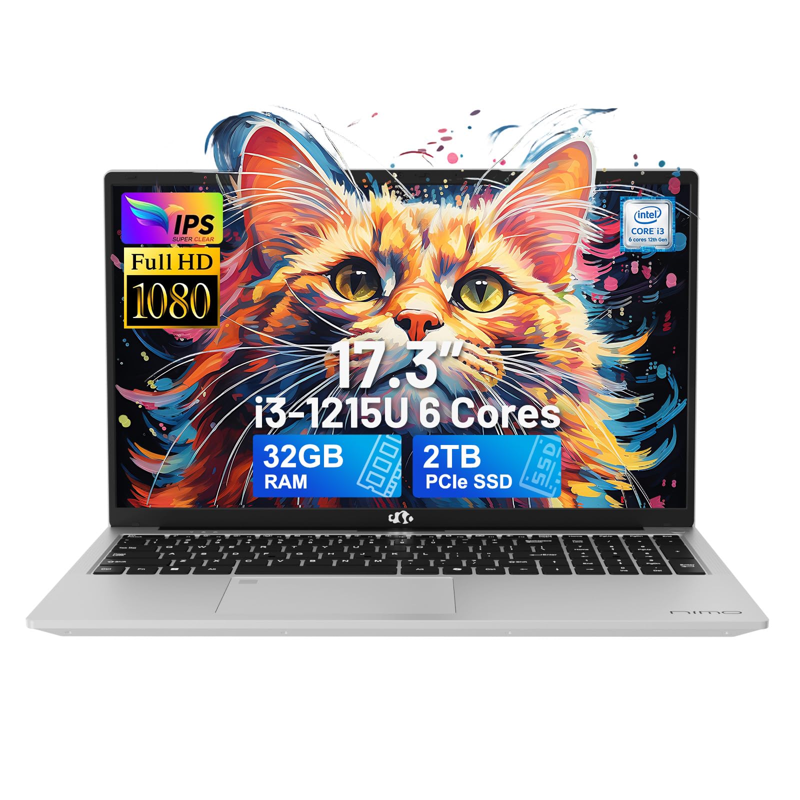NIMO 17.3" IPS FHD-Laptop, Intel 6 Cores i3-1215U 32GB RAM 2TB SSD (Beat Ryzen 5 7520U, Up to 4.4GHz) Computer with 65W GaN Type C Backlit Keyboard Fingerprint, for Home Student and Business Silver