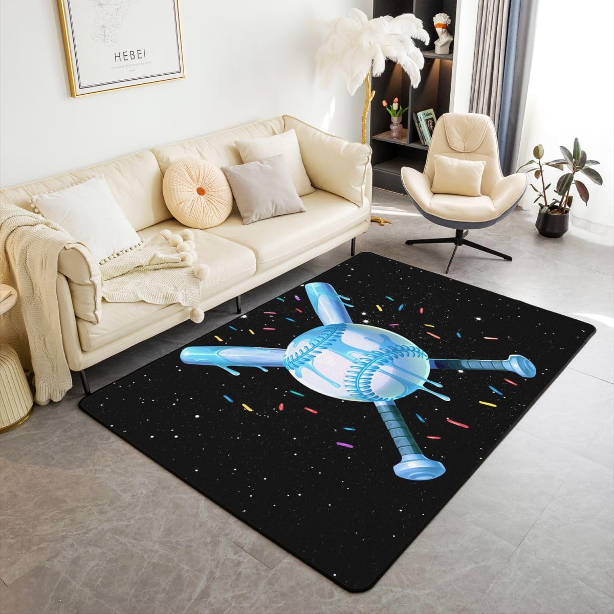 Baseball Bat Kids Area Rug,Ice Cream Drips Doughnut Dessert Indoor Floor Mat Entrance Rug for Girls Boys,Ball Sport Game Competition Non Slip Rug,Chic Blue Couch Living Room Decor,5'x6'6''