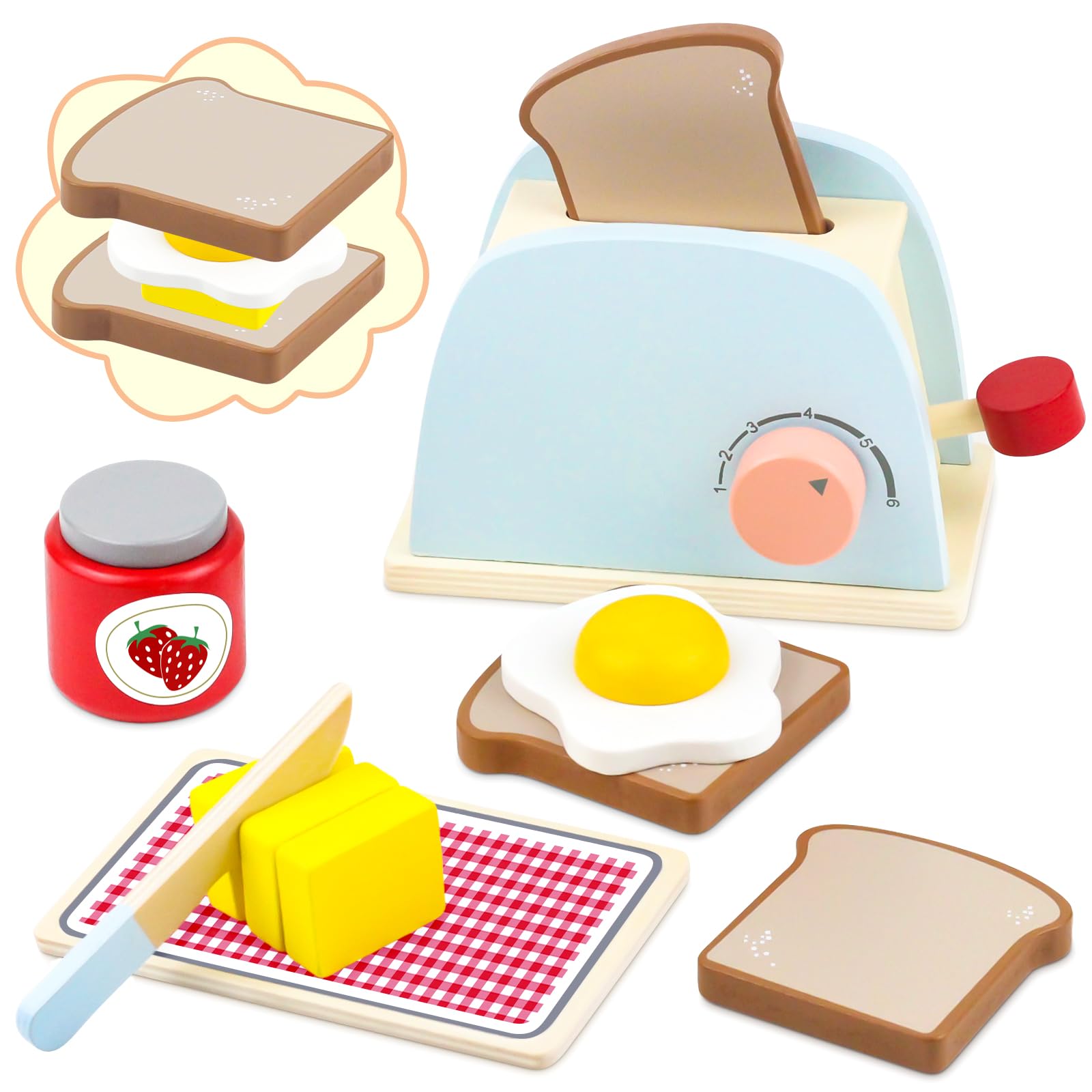 Airlab Wooden Pop-Up Toaster Toy Play Set for Kids, 10 Pcs Wooden Play Food and Kitchen Accessories with Bread and Butter, Interactive Preschool Educational Role Play Toys for Girls and Boys