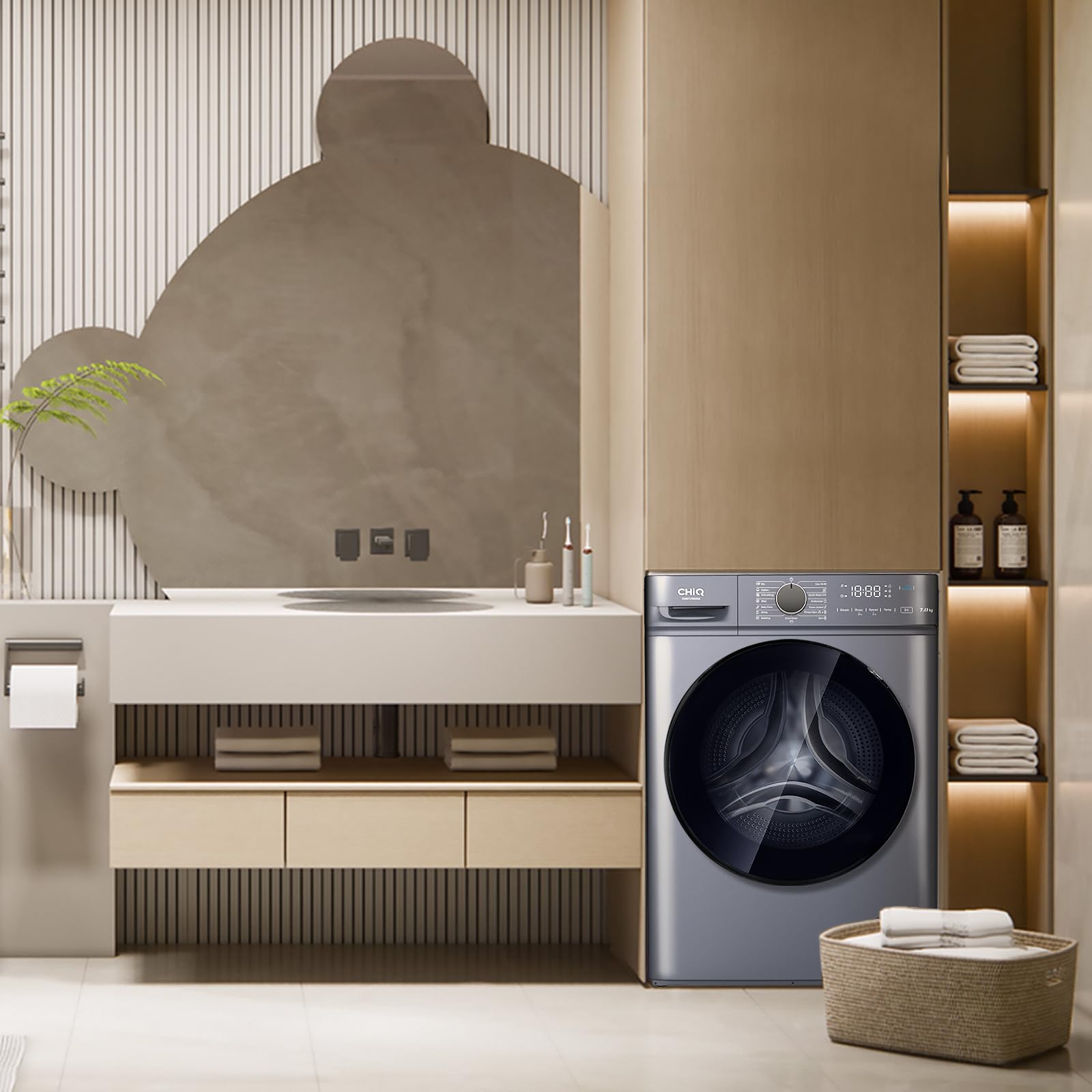 CHiQ CW07123863AX Lavatrice Slim- 7KG, Classe A, Motore BLDC 1200 RPM, Vapore e Lavaggio rapido, 15 Programmi, Design compatto (60x46,5x85cm) - Grigio moderno