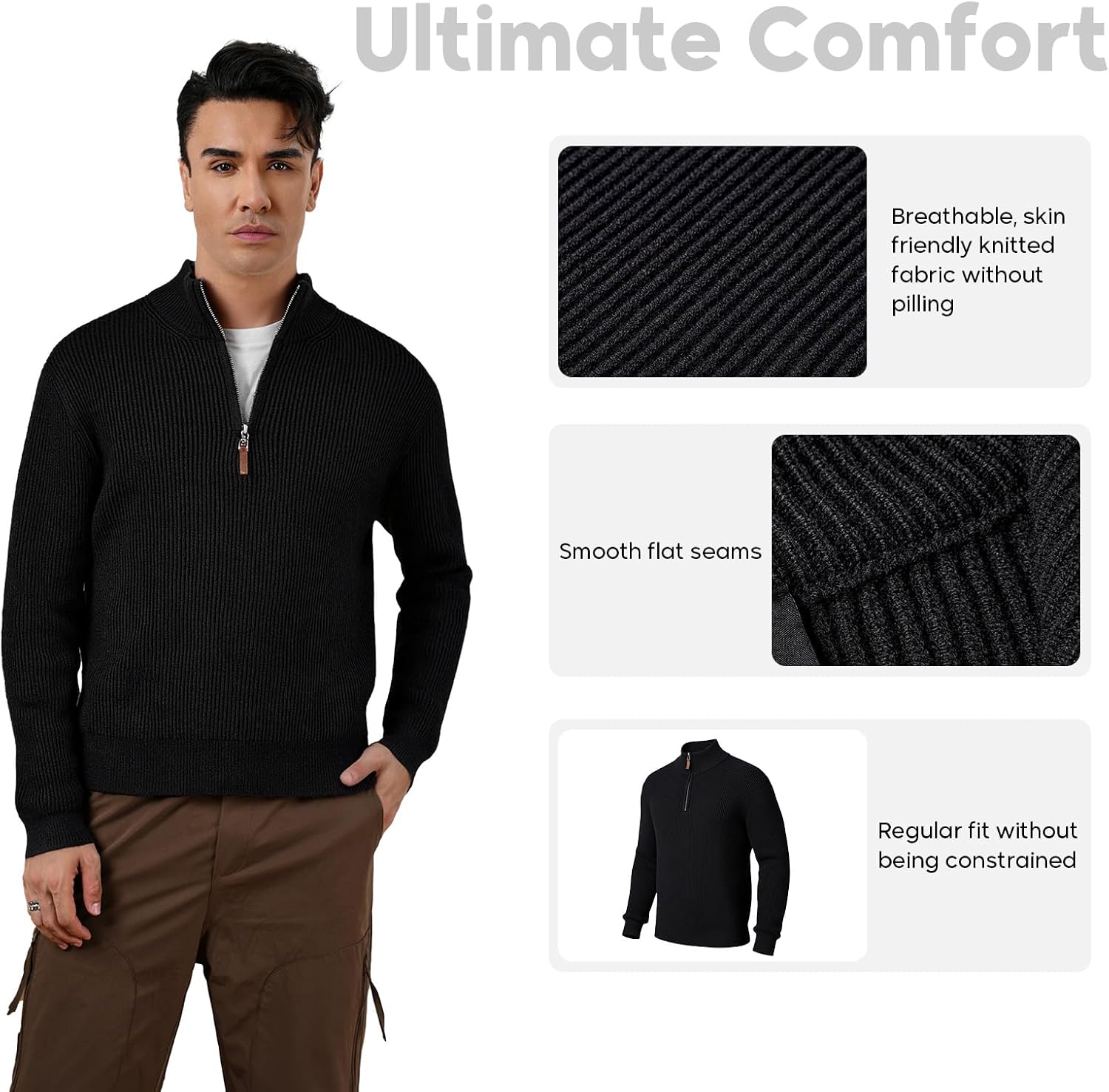 VPG Mens Quarter Zip Sweater, Regular Fit Lightweight Mock Neck Knit Striped Texture Polo Long Sleeve 1/4 Zip Pullover - Image 3