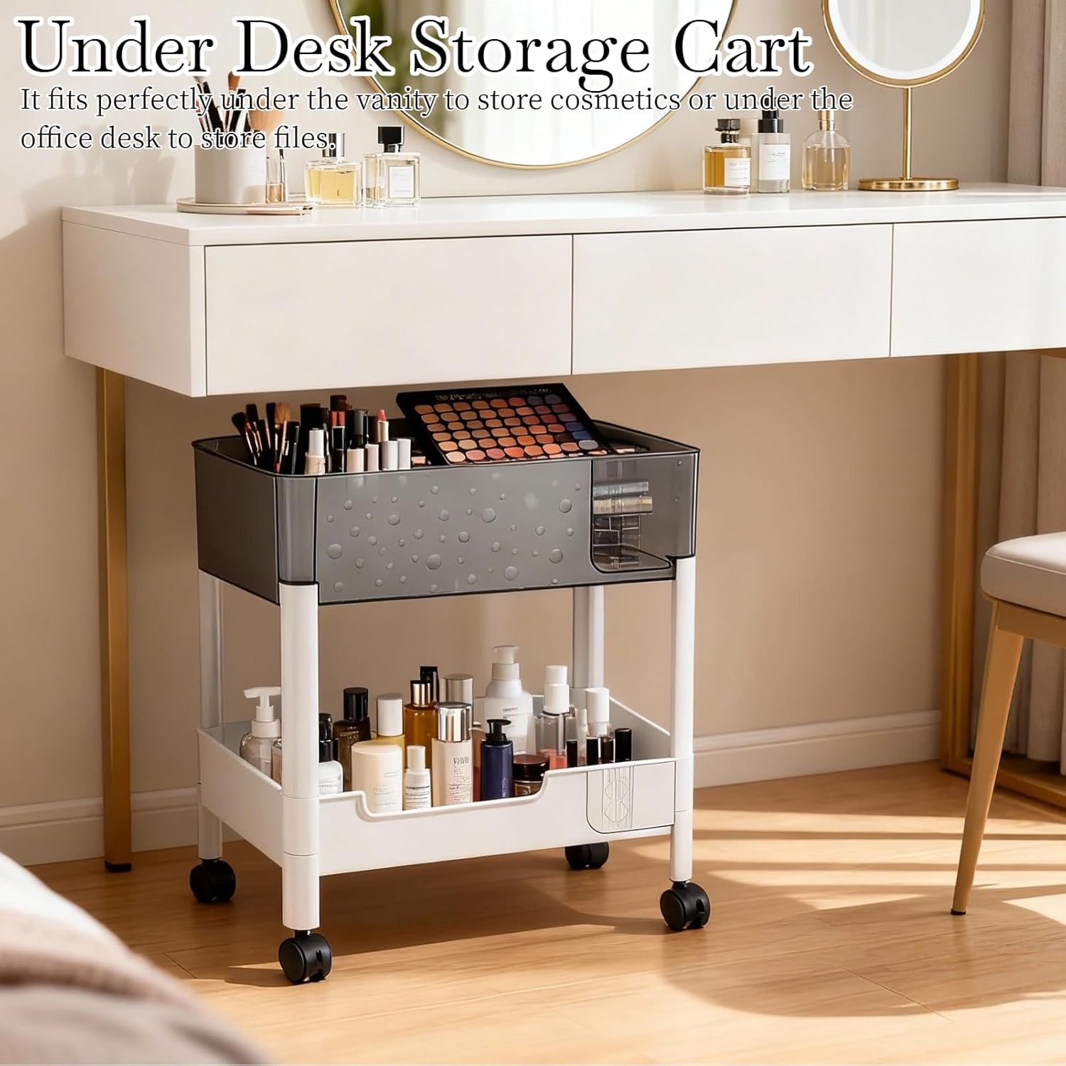 2 Tier Rolling Cart with Wheels for Under Desk Storage, Heavy Duty Plastic Short Small Utility Cart for Small Space Makeup Vanity Bathroom Laundry, 4.7'' Deep Baskets for Tall Bottles