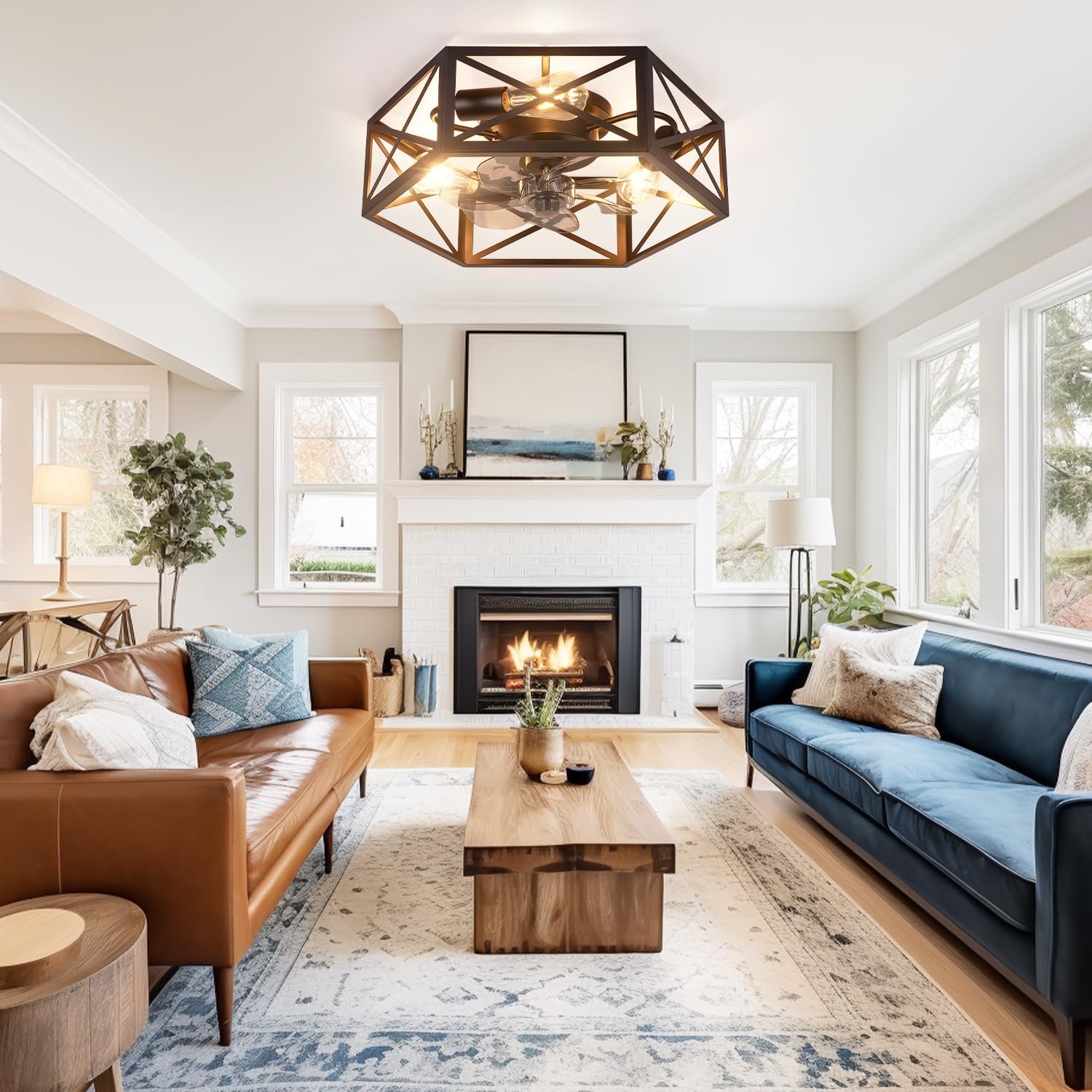 20 inch Black Ceiling Fans with Lights and Remote, Farmhouse Fandelier Ceiling Fans with Lights, Black Cage Industrial Ceiling Light Fixture with Fans for Living Room, Kitchen, Bedroom