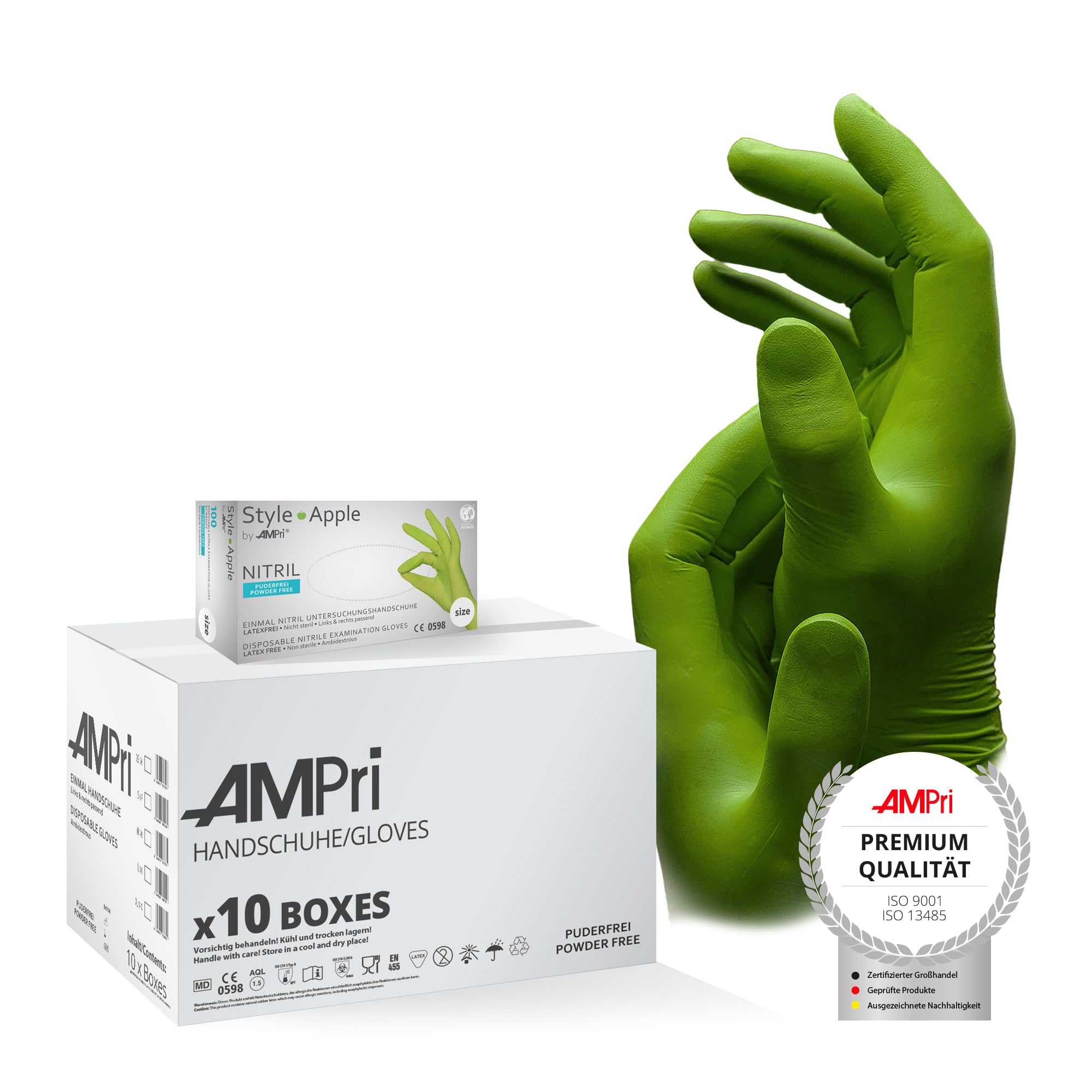 Nitrilhandschuhe, apfelgrün, grün, 10 Box a 100 Stk, Größe M, puderfrei bei Günstiger Preis