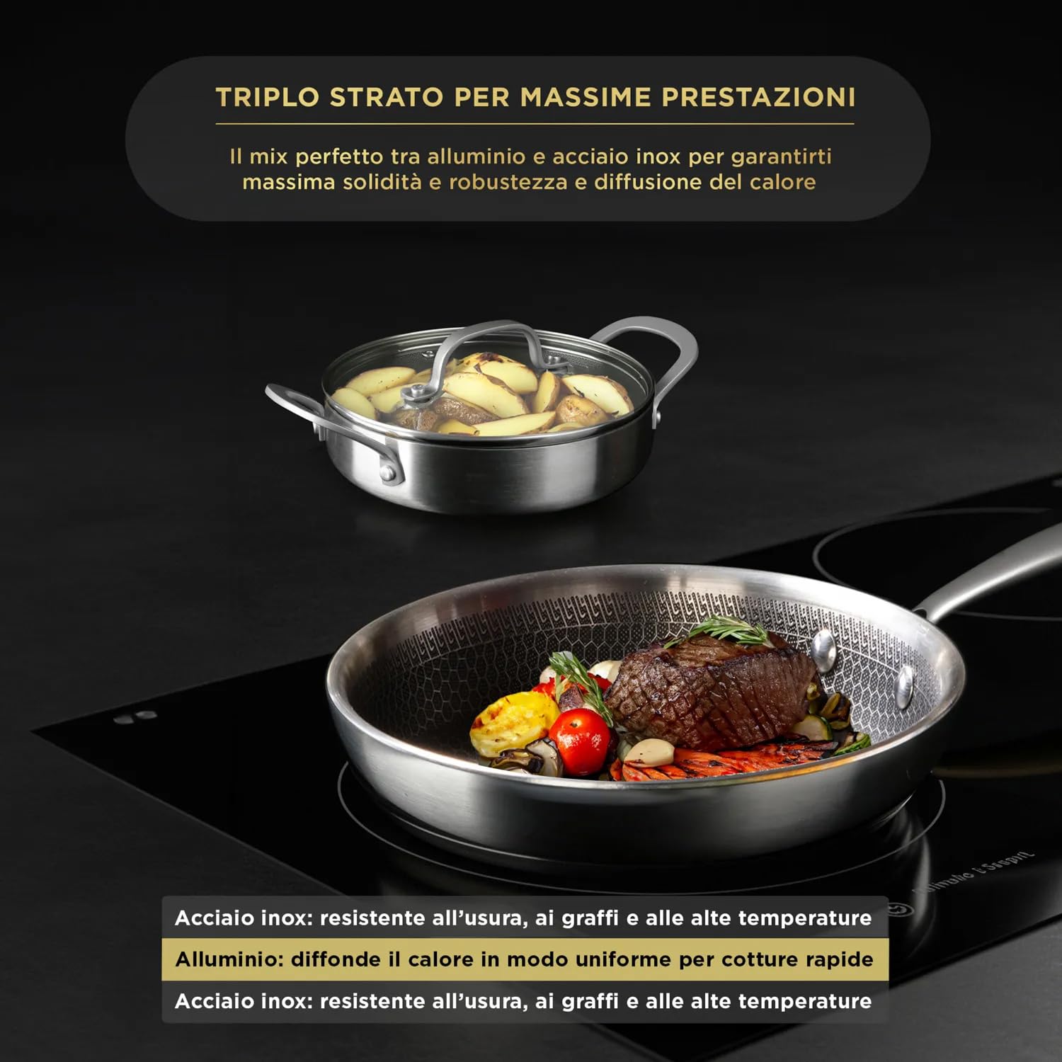 Batteria pentole 8 pezzi Tri ply acciaio - triplo strato
