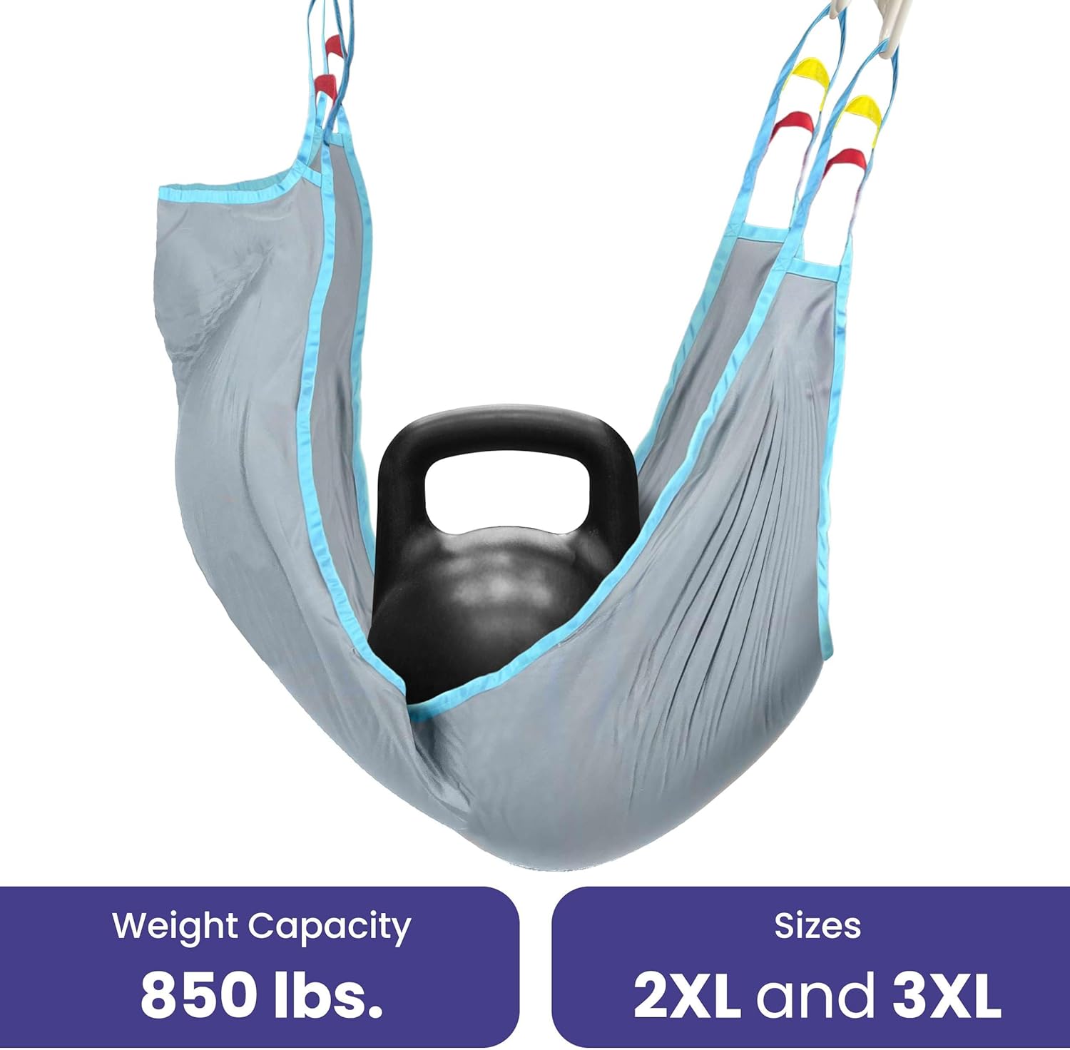 A Medacure patient lift sling holding a heavy kettlebell, illustrating its 850 lb weight capacity and available in 2XL and 3XL sizes.