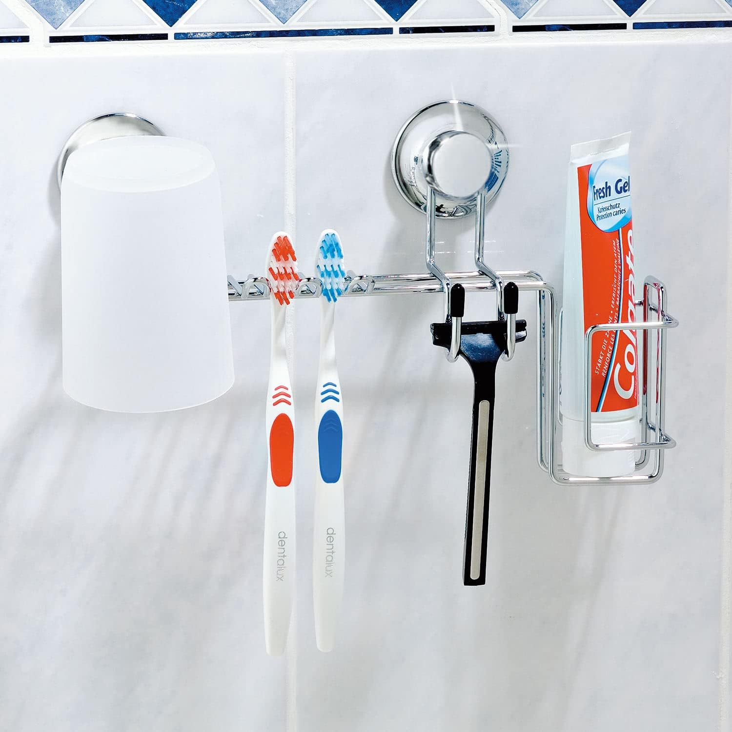 Toothbrush Holder, No Drilling, Screws, Glue, Adhesive, Vacuum Suction Wall Mounted Chrome, Toothpaste Bathroom Stand, Dental Organizer, Easy Install, EVL-10241
