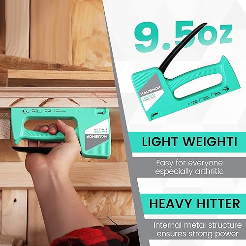 Vista 21 de HAUSHOF Pistola de grapas ligera, pistola de grapas para tapicería con 800 grapas JT21 y removedor de grapadoras, se adapta a grapas JT21 de 1/4