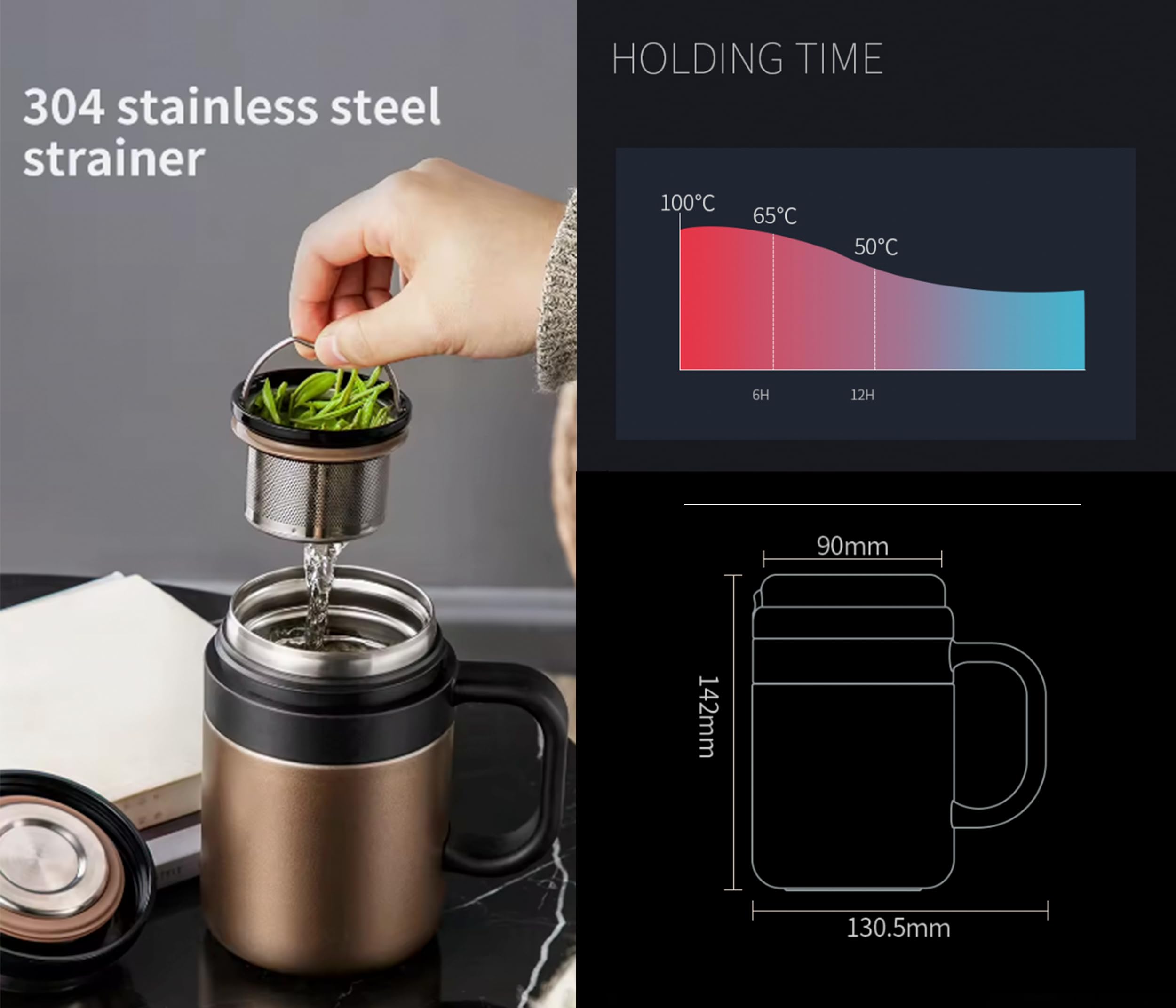 Tazza Termica da Tè/Caffè in Acciaio Inossidabile (Nero) con Filtro Rimovibile, 500 ml – Mantiene le Bevande Fredde e Calde, Isolamento 12+ Ore, Ideale per Tè, Caffè, Viaggi, Ufficio e Campeggio