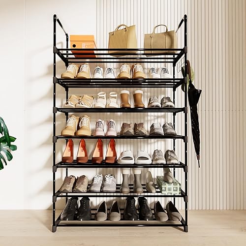 Miniatura 1 de Organizador de zapatos, estante de zapatos de 7 niveles para 28 pares de zapatos, zapatero de metal ajustable con gancho para entrada, color negro