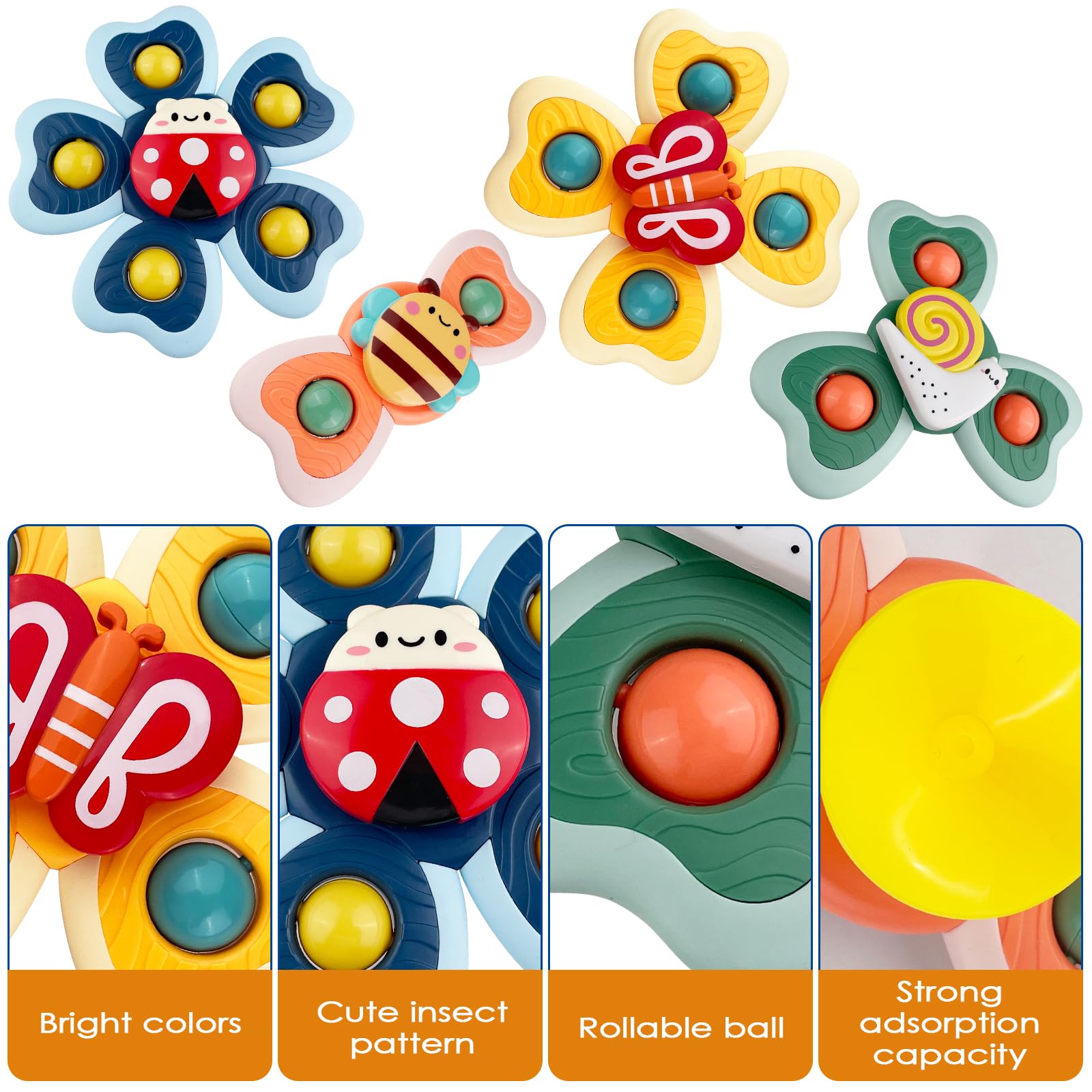 Lot de 4 jouets à ventouse pour enfants, jouets de baignoire, jouets sensoriels pour bébé, jouets rotatifs, ventouse de table à partir de 1 an, jouets de bain à ventouse pour enfants