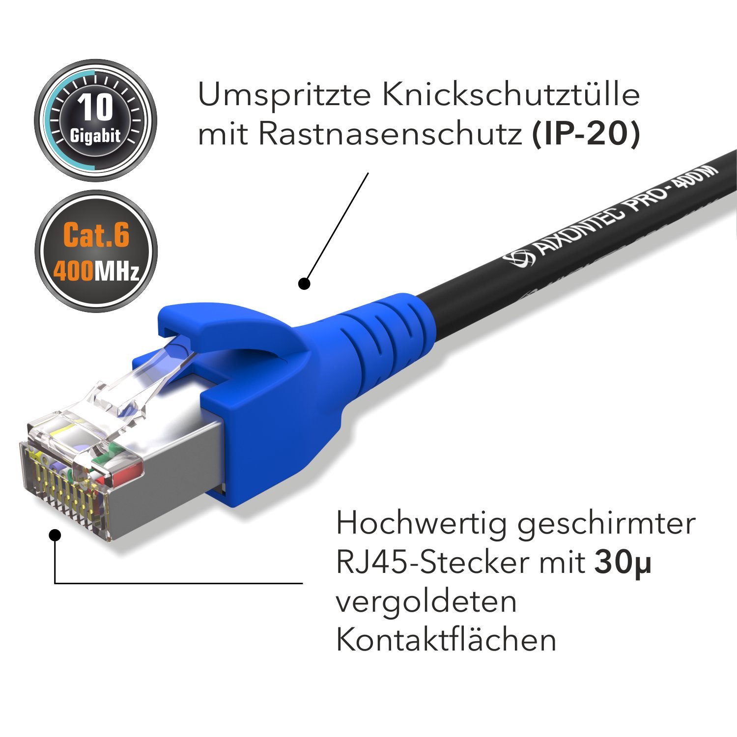 AIXONTEC 25,0 Meter RJ45 Patchkabel CAT6 High Speed LAN Netzwerk Gigabit Ethernet Kabel geschirmt halogenfrei blauer Premium RJ45-Stecker 10000 Mbits Draka Gigabit Patch FTP Kabel