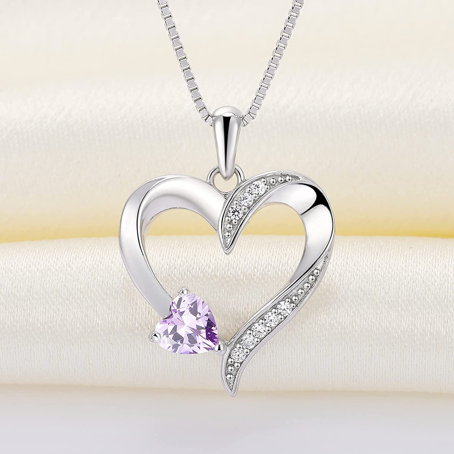 YL Collier Coeur Argent 925 avec 12 Pierres de Naissance Oxyde de Zirconium Pendentif Coeur pour Femme, 45-48cm