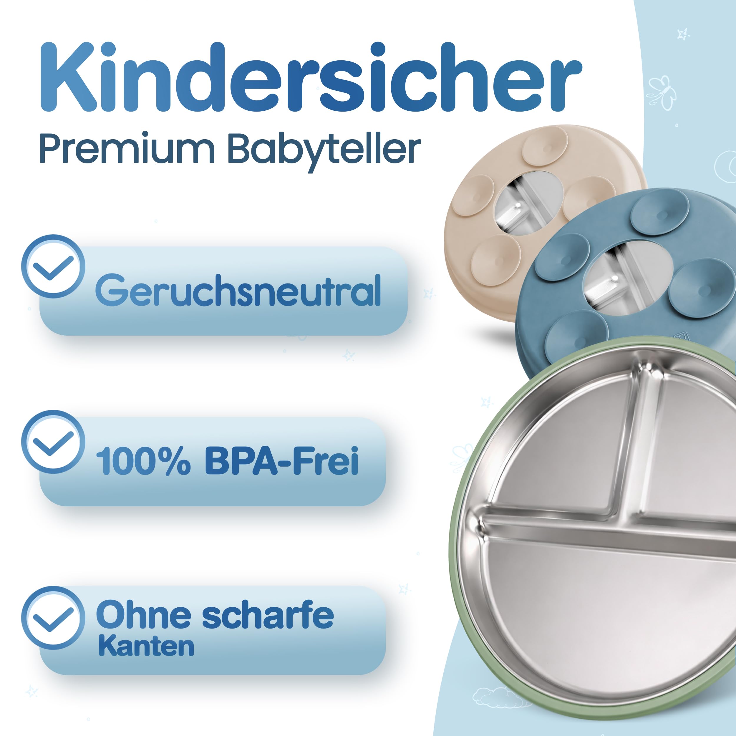 Mutkind® 3x Baby Teller mit Saugnapf - (Extra Starker Halt) Edelstahl Kinderteller - Spülmaschinengeeignet - Rutschfester Babyteller mit Saugnapf - Beikost Baby Zubehör - Hochwertiges Kindergeschirr