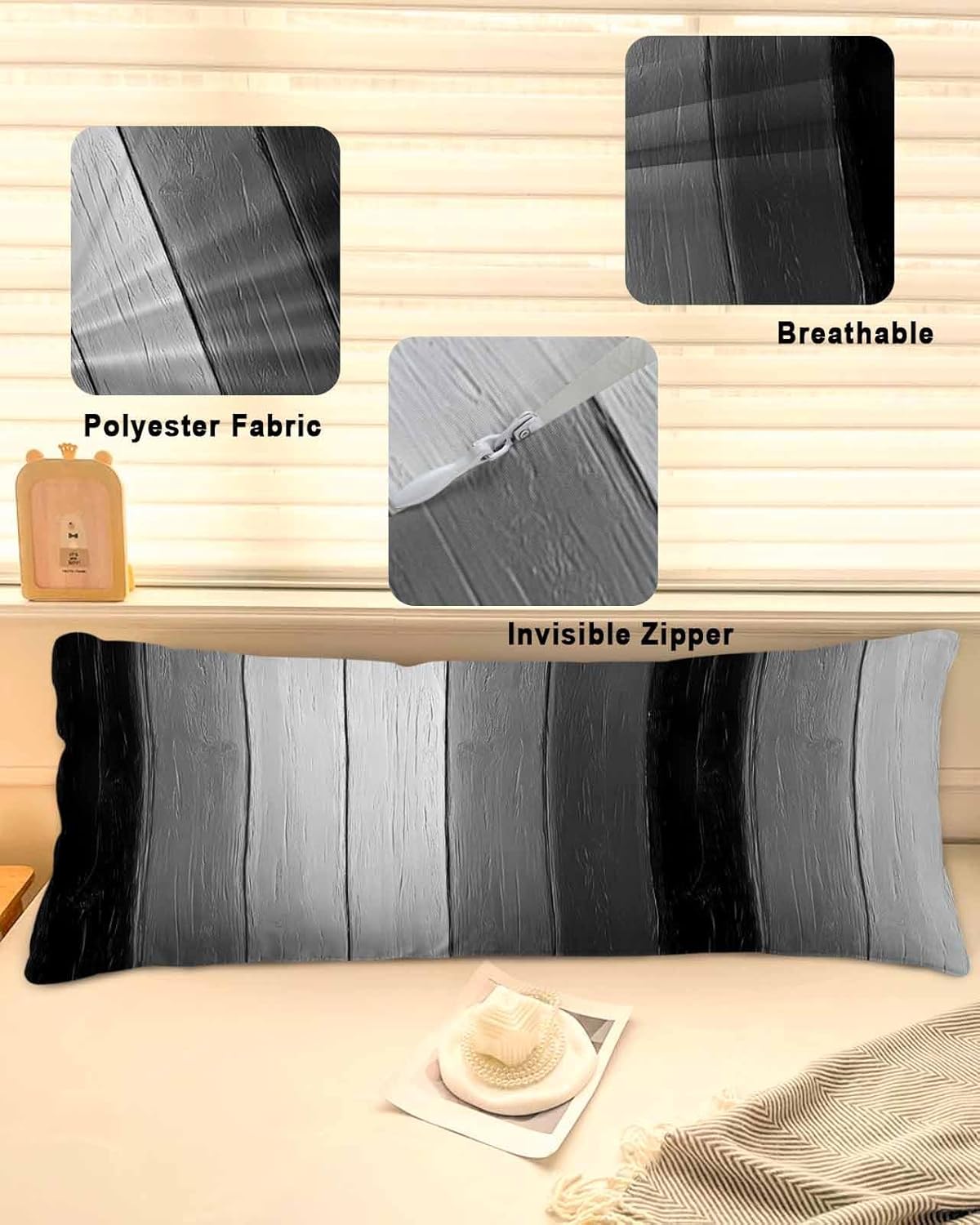 Black Gray Ombre Body Throw Pillow Covers 20x54 Inches, Rectangle Decorative Pillowcase with Zipper, Vintage Country Wooden Pillow Sham Cushion Case Protectors for Sofa Couch Car Bed