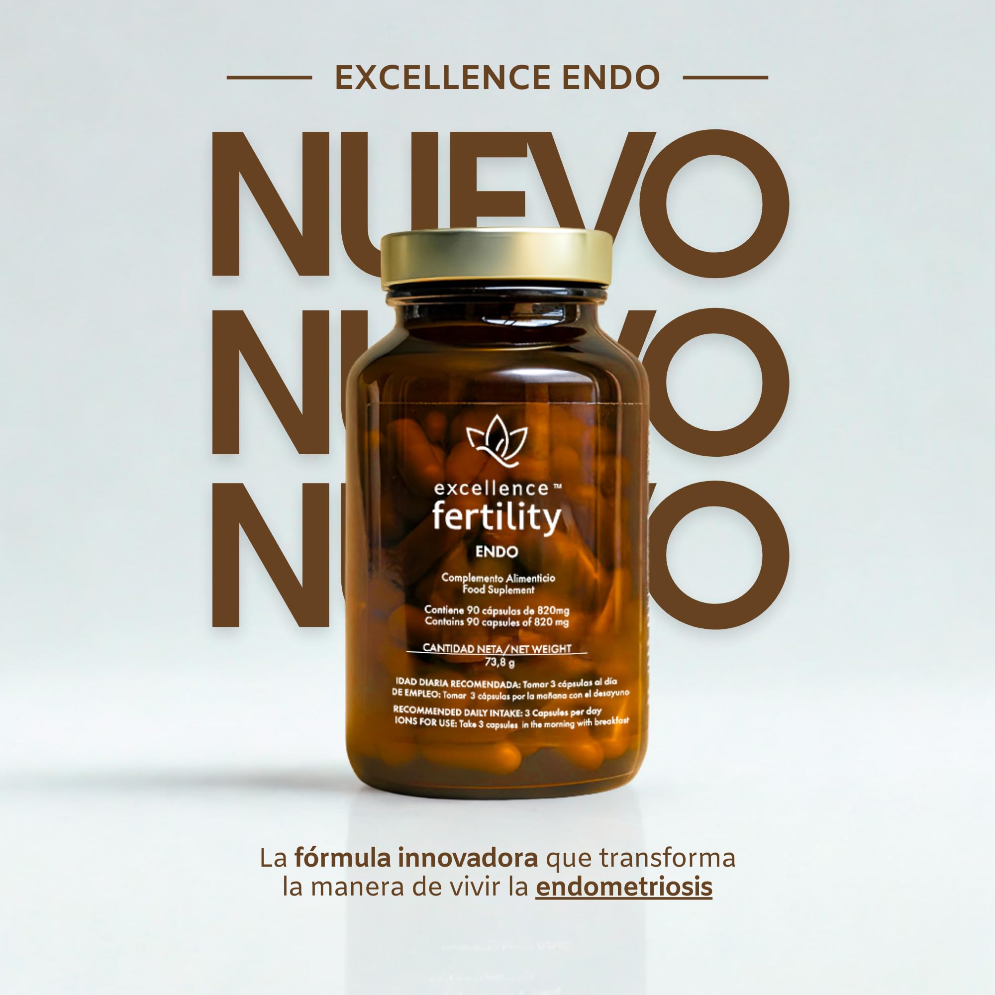 Excellence Endo - Suplemento Natural para Endometriosis - Apoyo Antioxidante y Hormonal con Resveratrol, Cúrcuma, Quercetina, Té verde, Sauzgatillo, NAC y Magnesio | EXCELLENCE FERTILITY