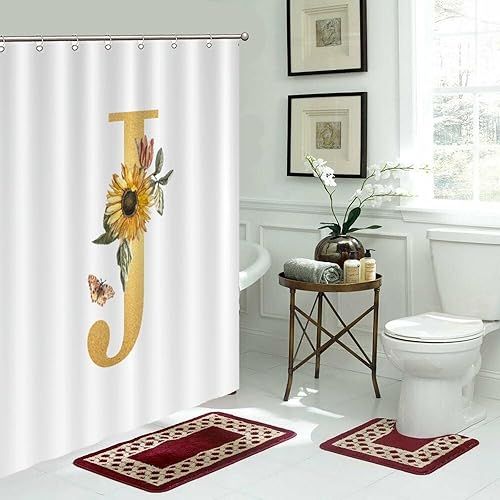 Miniatura 9 de Cortina de ducha con diseño floral de girasol, dorada, letra inicial, L, forro de cortina de ducha impermeable, decoración de bañeras con ganchos